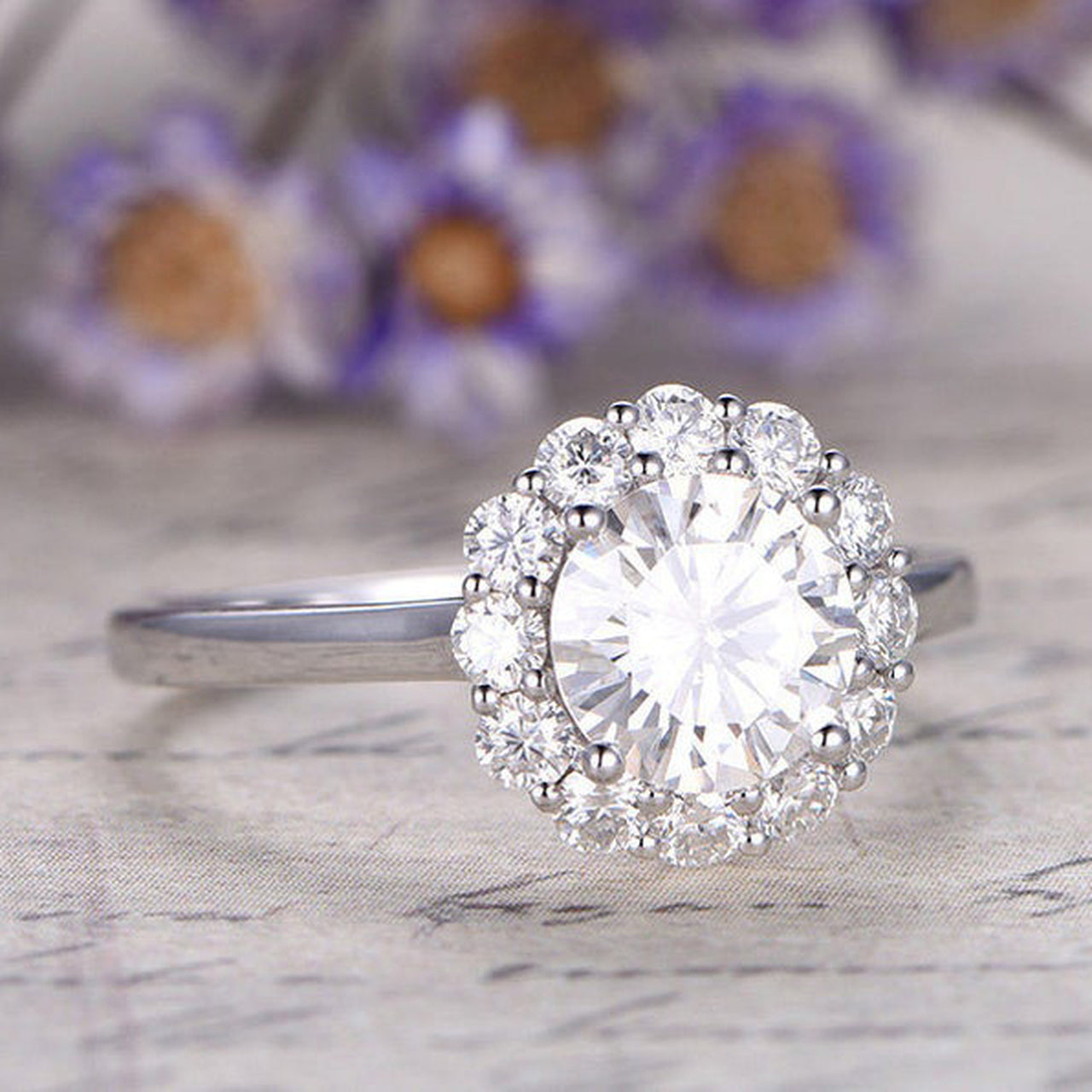 1.25CT Round Floral Halo Moissanite Diamond Engagement Ring For Women