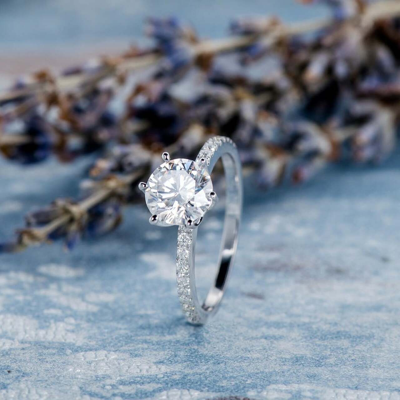 1.0CT Round Six Prong Moissanite Diamond Pave Engagement Ring