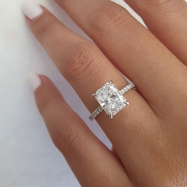 2.0ct Radiant Pave Moissanite Diamond Hidden Halo Engagement Ring