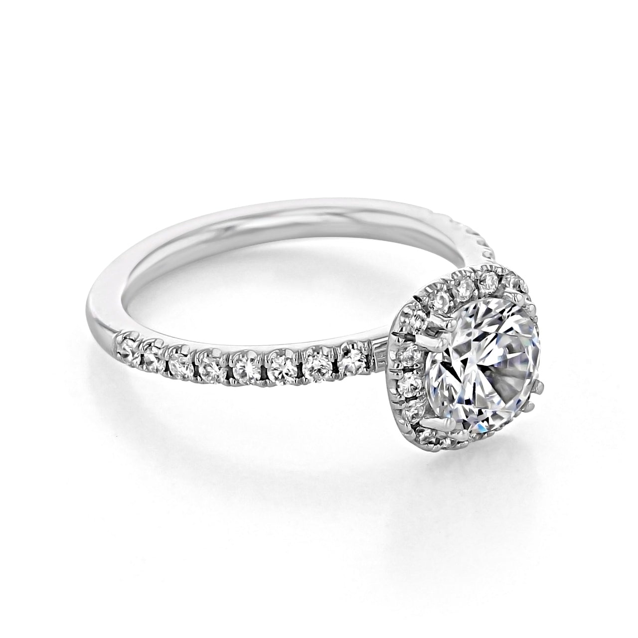 1.0ct Round Halo Moissanite Diamond Four Prong Engagement Ring