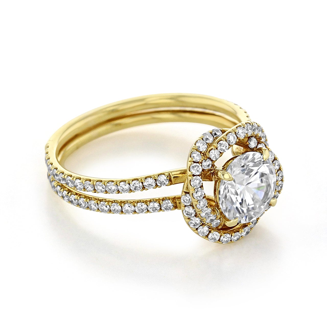 1.0ct Round Double Pave Moissanite Diamond Four Prong Engagement Ring In Solid Gold
