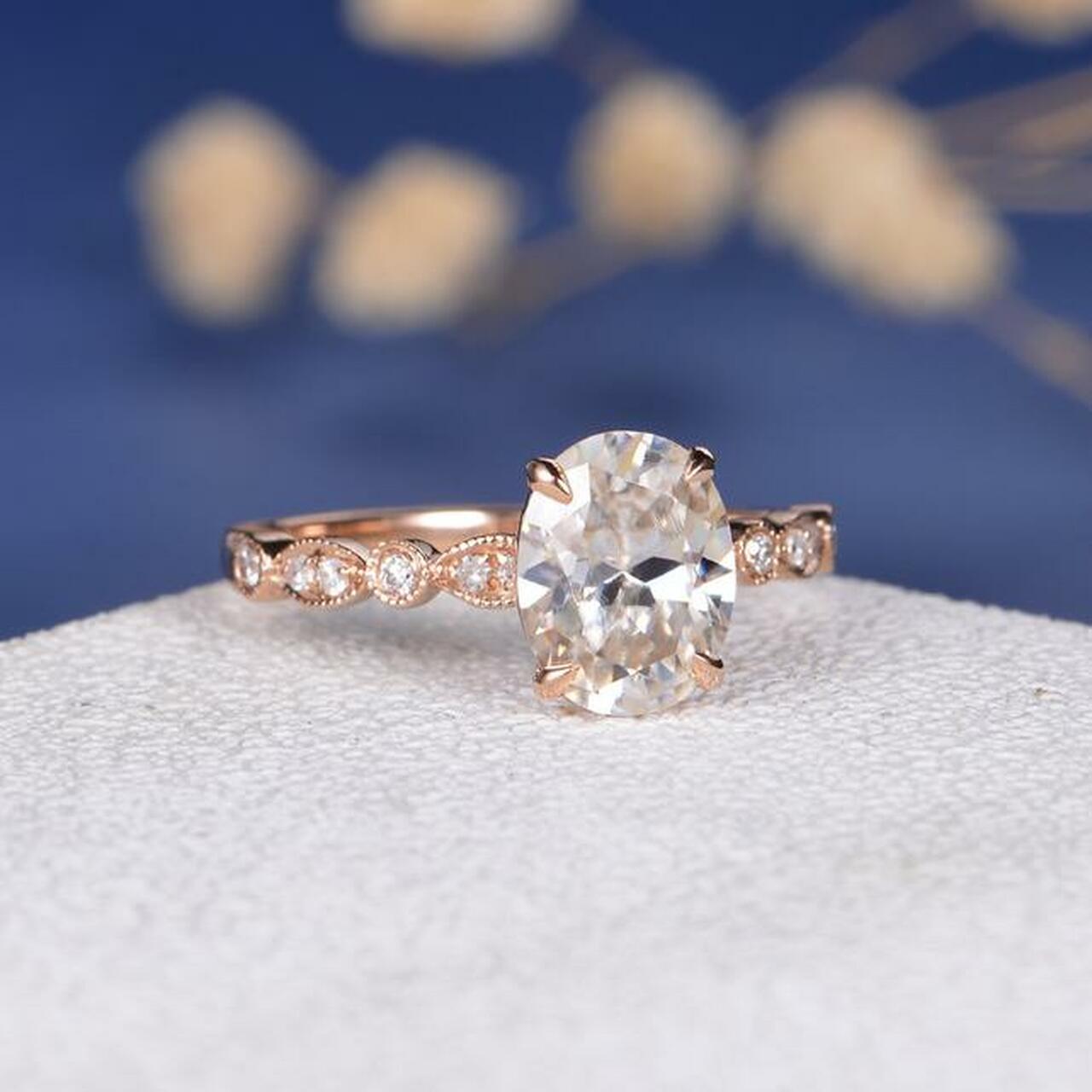 2.0CT Oval Four Prong Moissanite Diamond Vintage Pave Engagement Ring