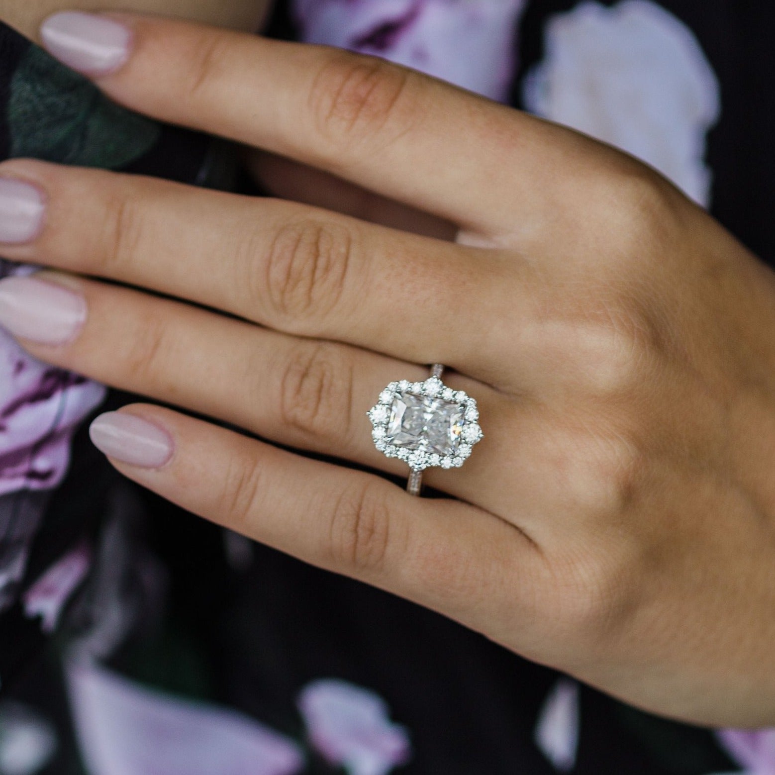 3.40CT Radiant Cut Unique Halo Moissanite Engagement Ring