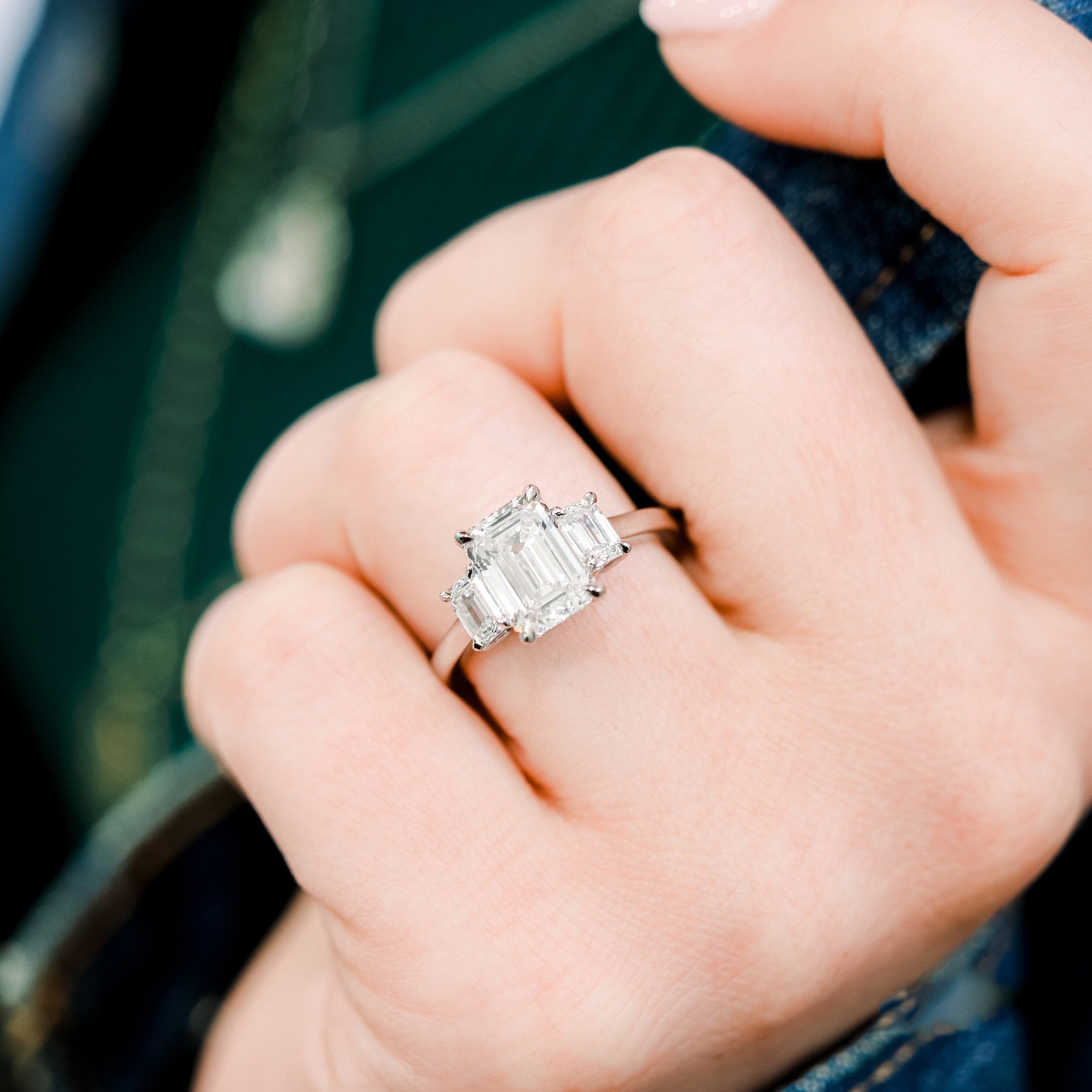  2.0CT Emerald Cut Moissanite Three Stone Diamond Engagement Ring