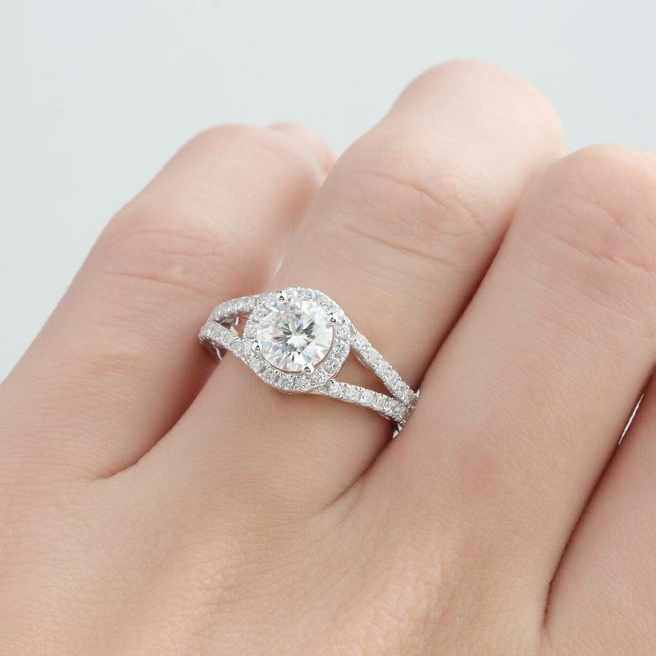1.0CT Round Split Shank Moissanite Diamond Halo Engagement Ring