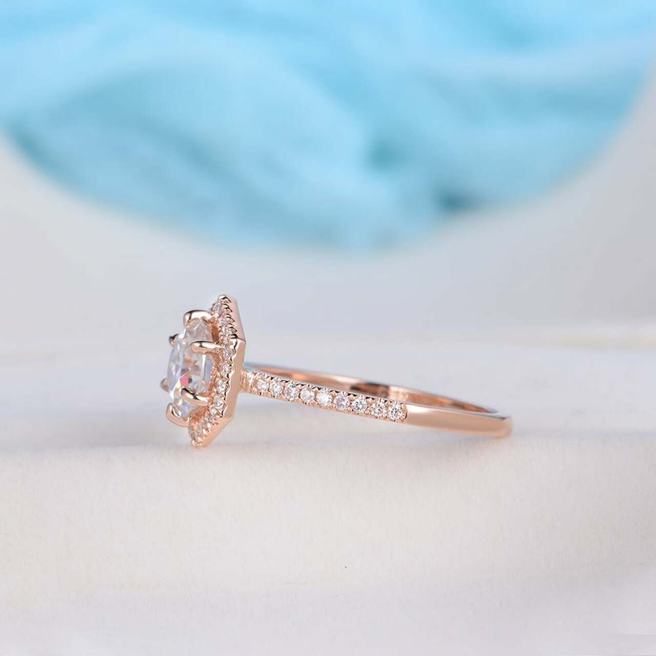 1.0CT Round Hexagon Shaped Halo Moissanite Diamond Pave Engagement Ring