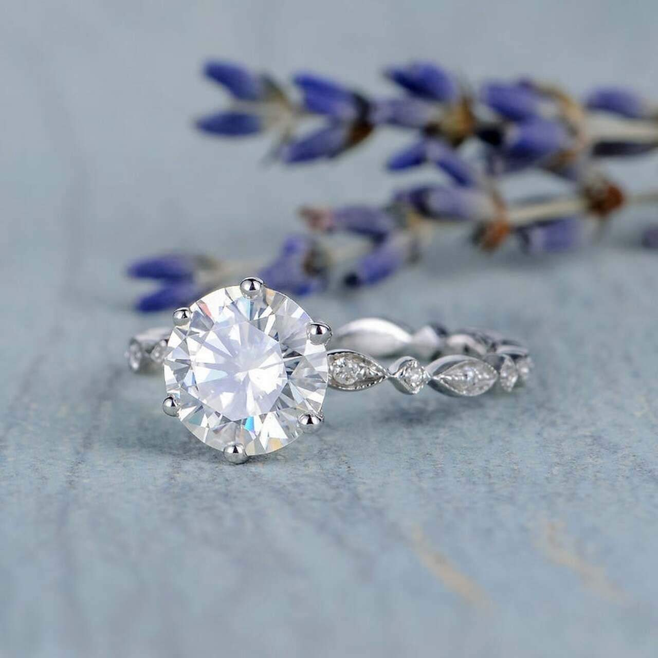 2.0CT Round Vintage Pave Moissanite Diamond Six Prong Engagement Ring for Women