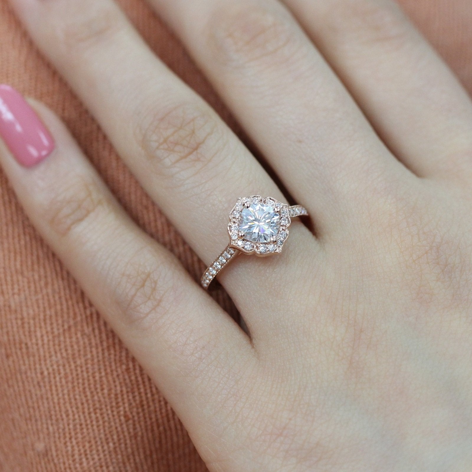 1.0CT Cushion Vintage Halo Moissanite Diamond Channel Set Engagement Ring For Her