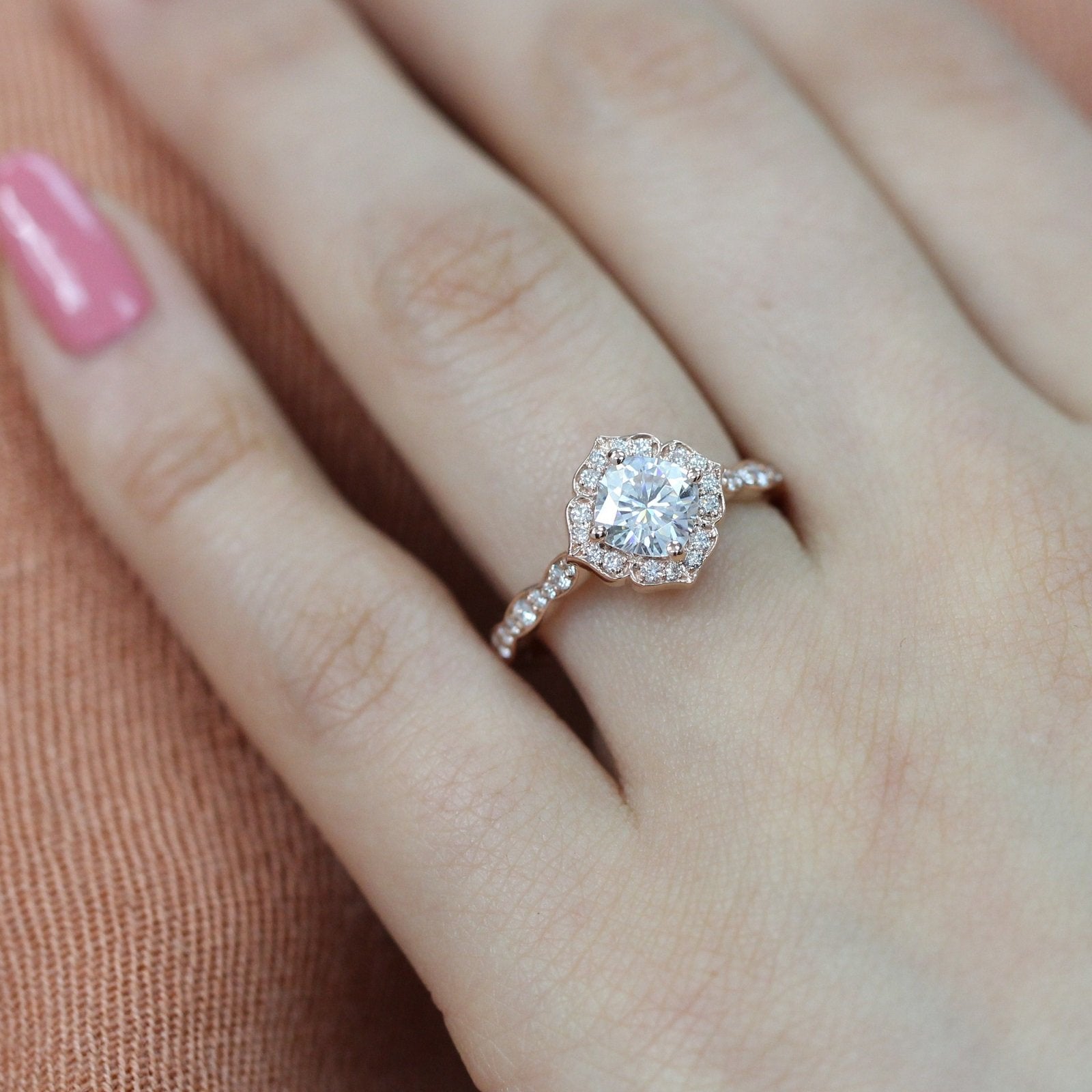 1.0CT Cushion Vintage Pave Moissanite Diamond Engagement Ring For Women