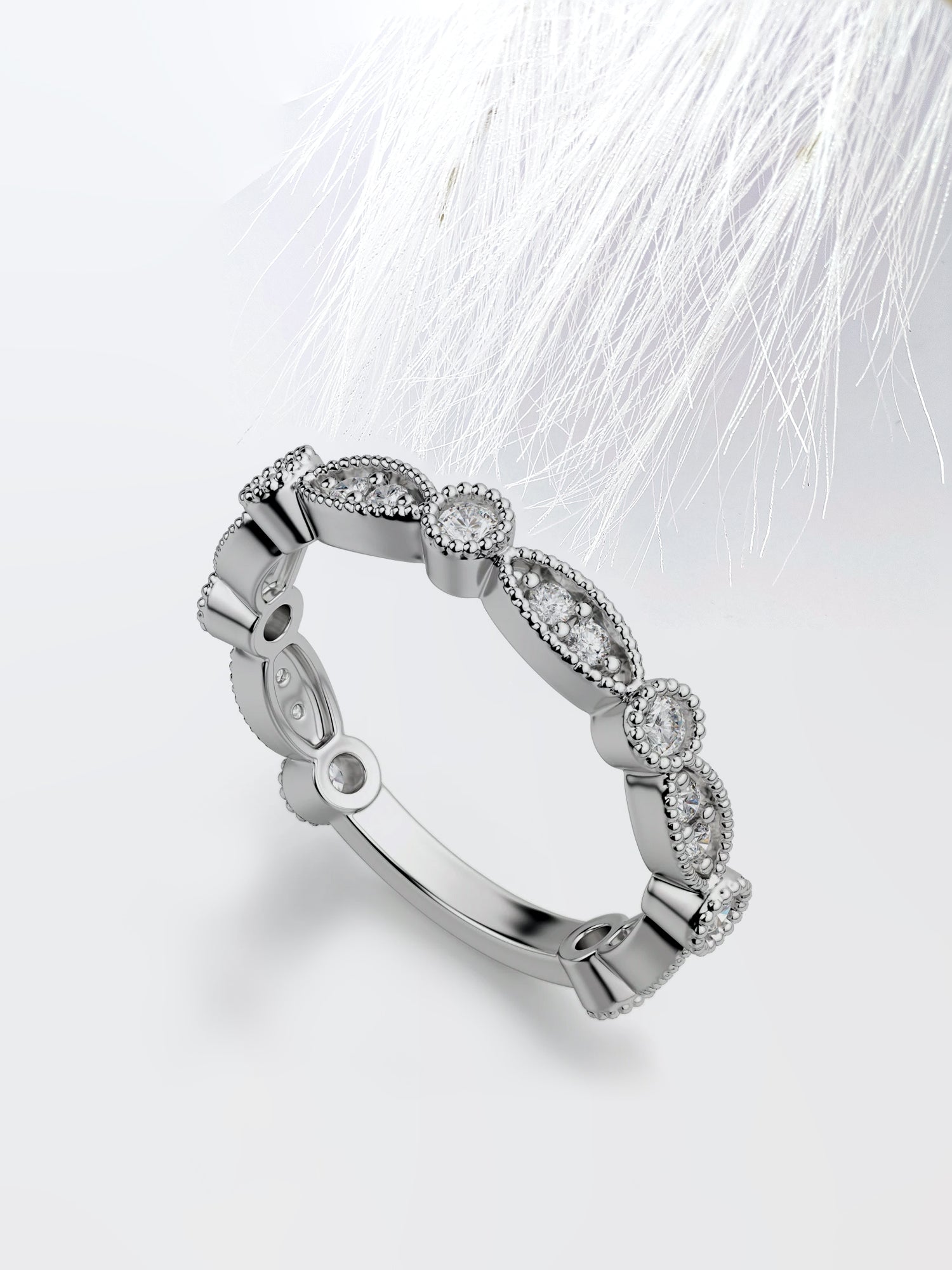 Round Cut Moissanite Vintage Diamond Wedding Band in Solid Gold