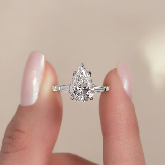 2.50CT Pear Diamond Three Stone Pave Setting Lab Grown Engagement Ring