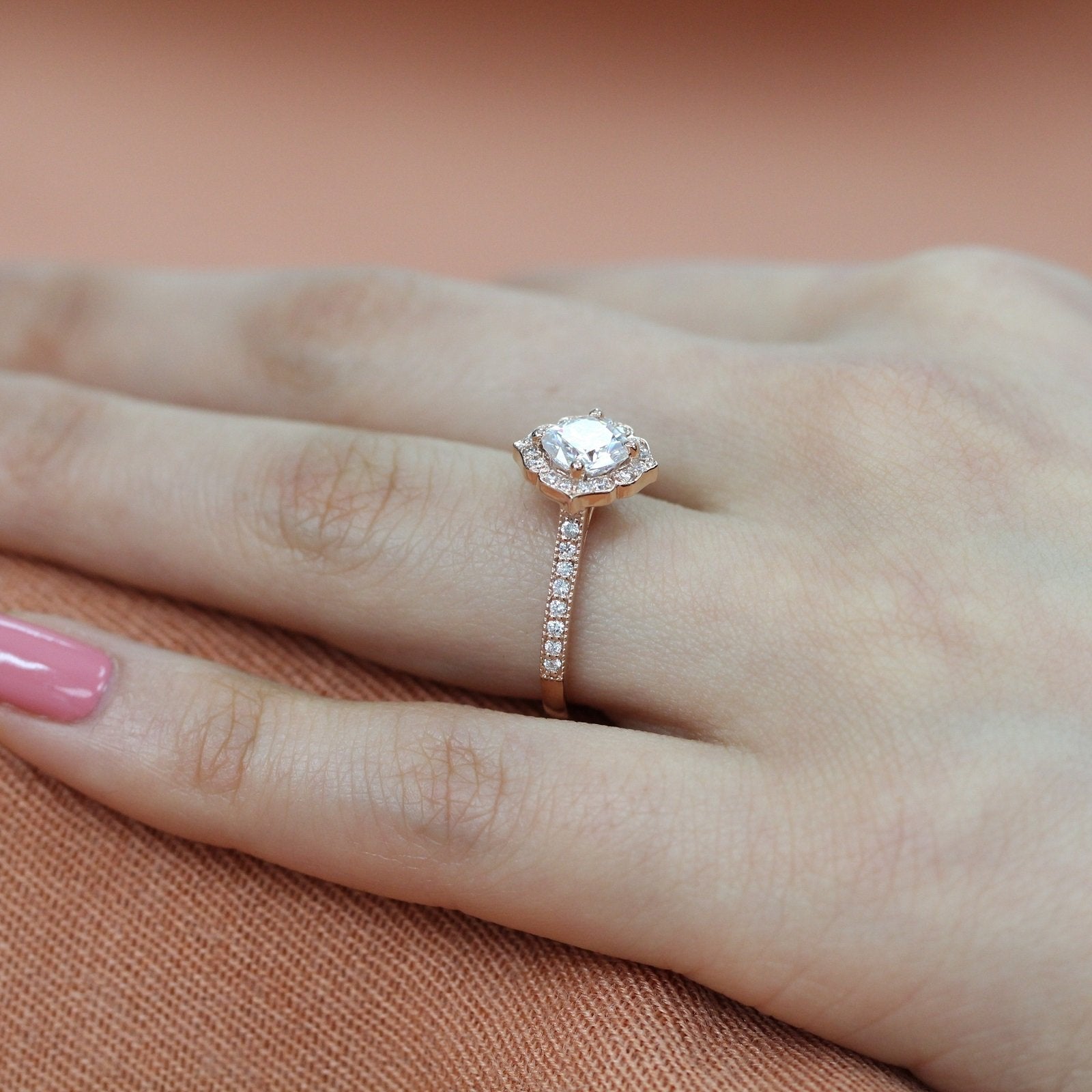 1.0CT Cushion Vintage Halo Moissanite Diamond Channel Set Engagement Ring For Her