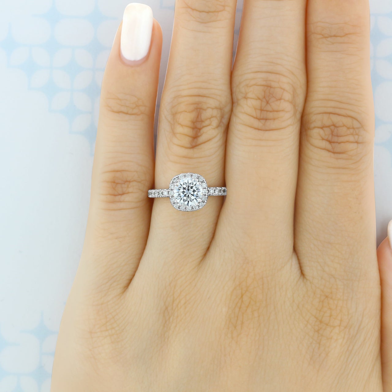 1.0ct Round Halo Moissanite Diamond Four Prong Engagement Ring