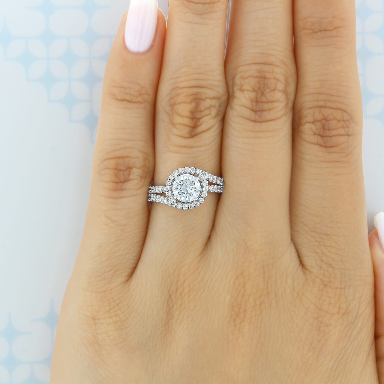 1.0CT Round Halo Moissanite Diamond Double Pave Engagement Ring
