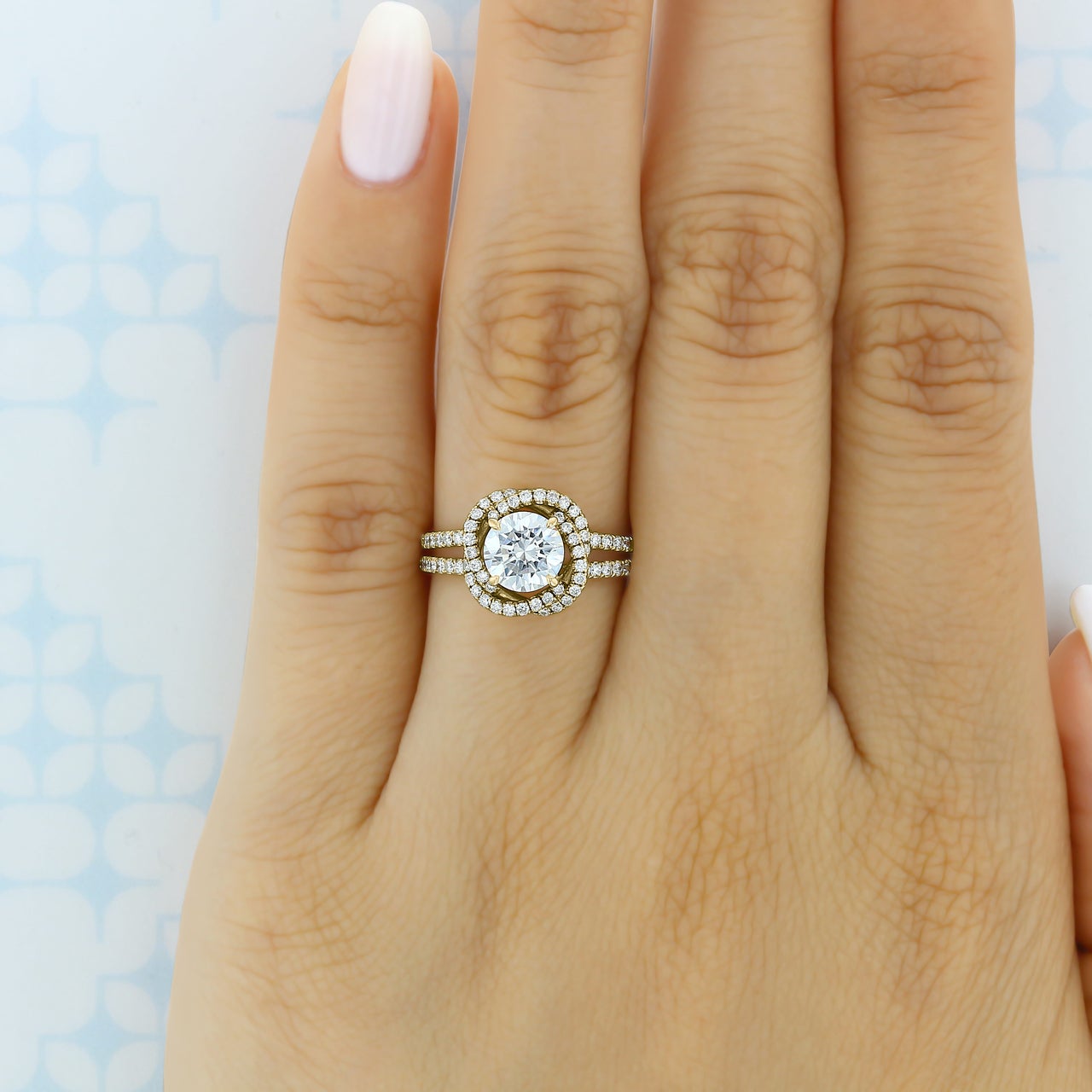 1.0ct Round Double Pave Moissanite Diamond Four Prong Engagement Ring In Solid Gold