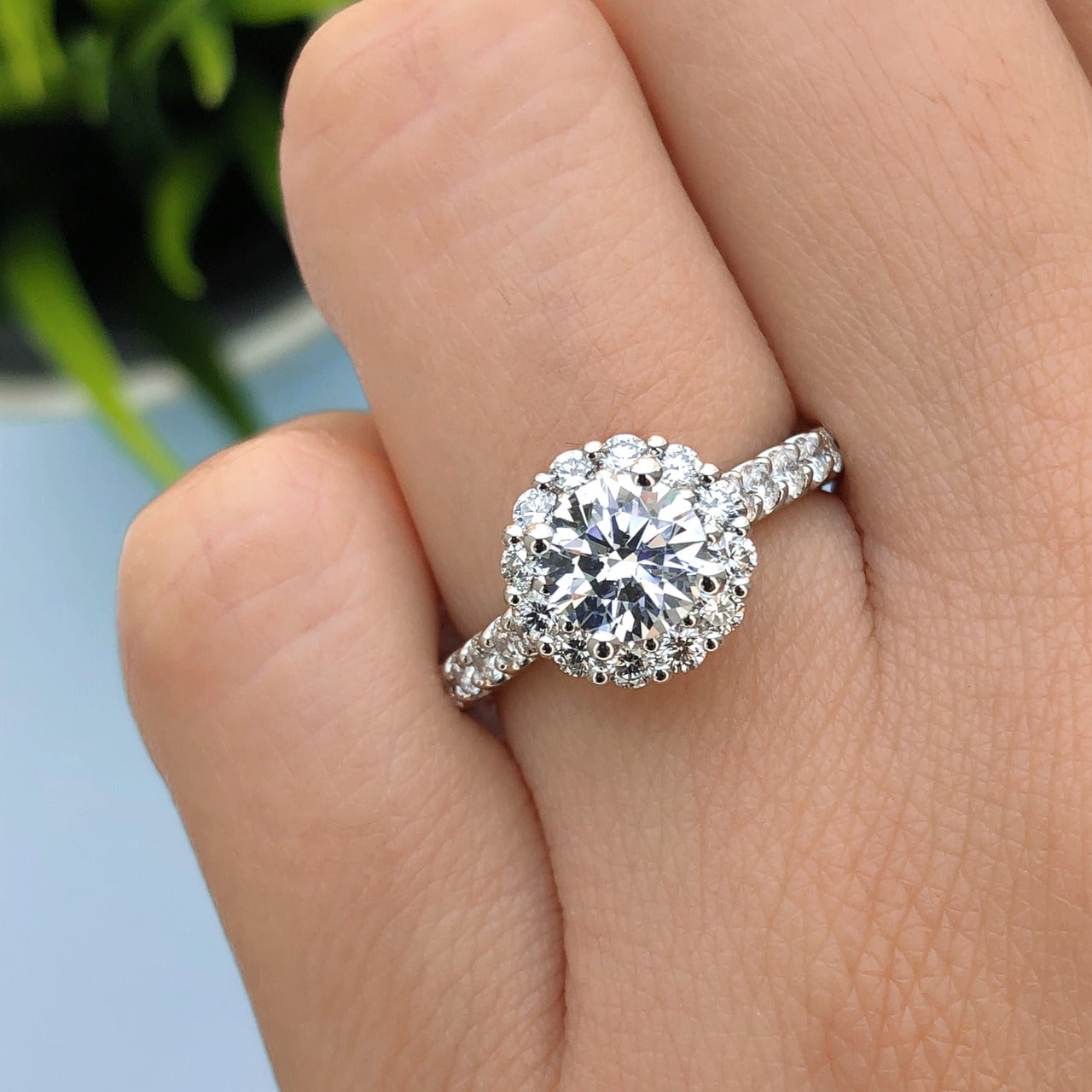 1.0ct Round Floral Halo Moissanite Diamond Pave Engagement Ring