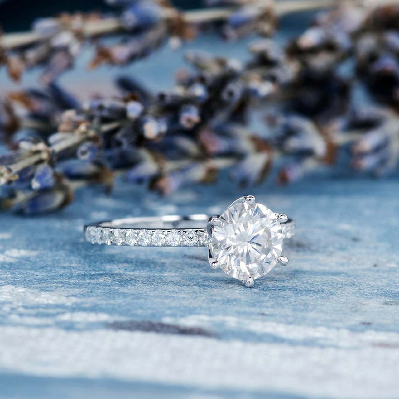 1.0CT Round Six Prong Moissanite Diamond Pave Engagement Ring