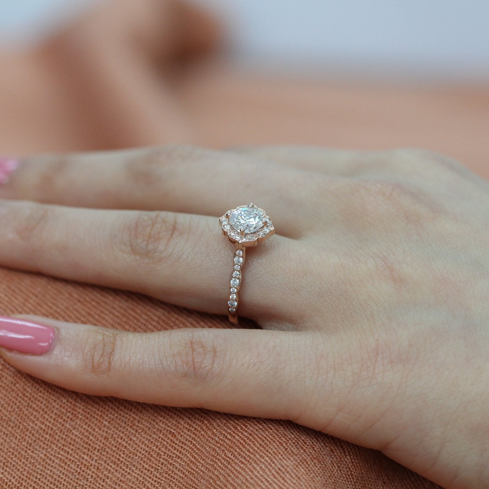 1.0CT Cushion Vintage Pave Moissanite Diamond Engagement Ring For Women