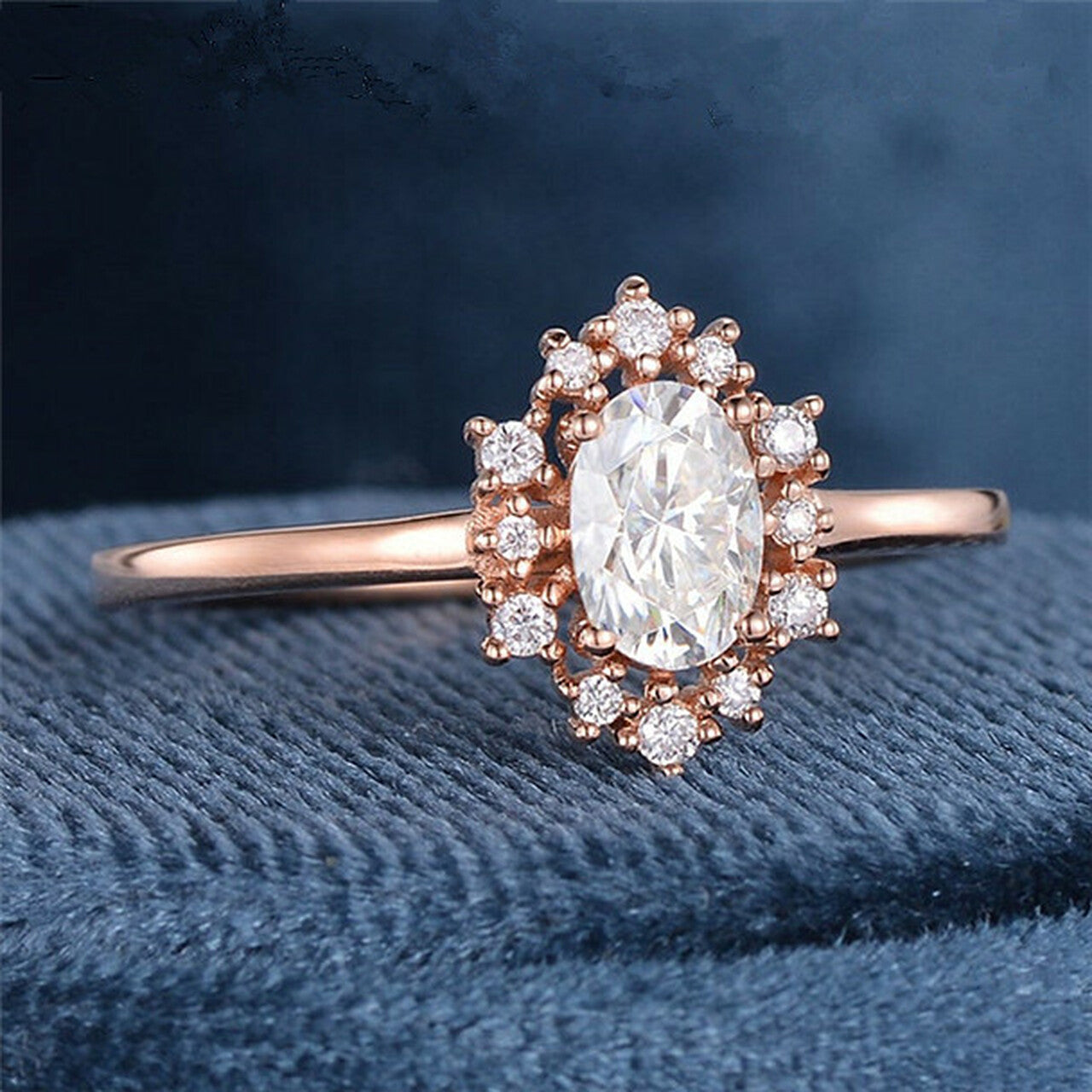 1.0CT Oval Cut Rose Gold Cluster Moissanite  Engagement Ring