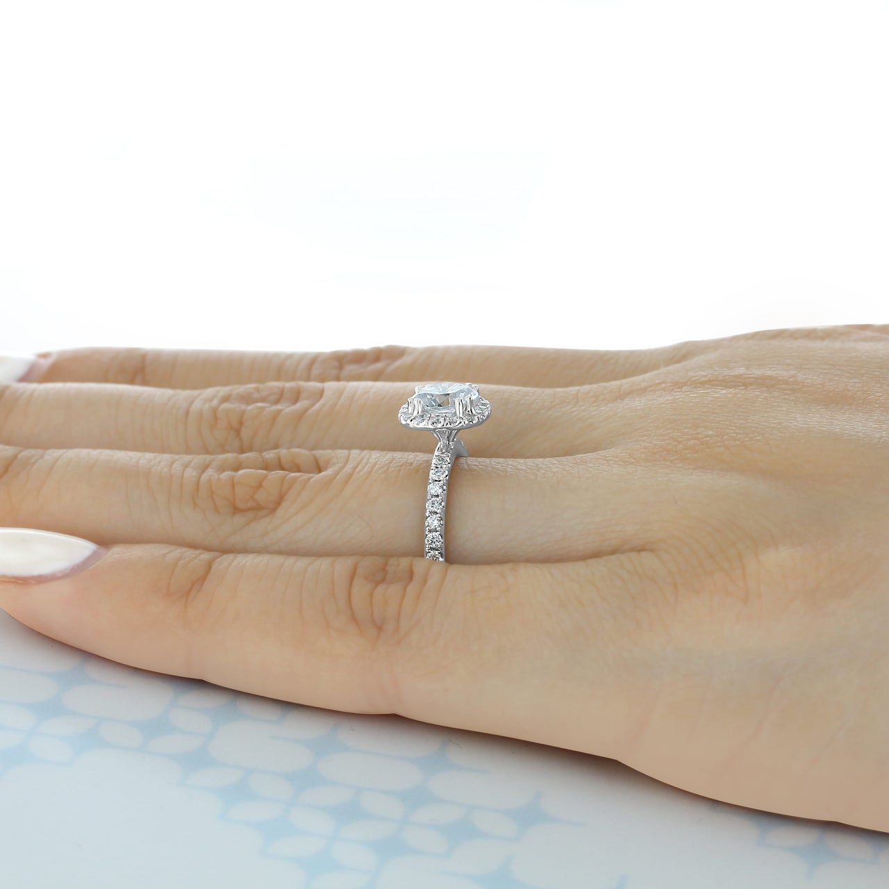 1.0ct Round Halo Moissanite Diamond Four Prong Engagement Ring