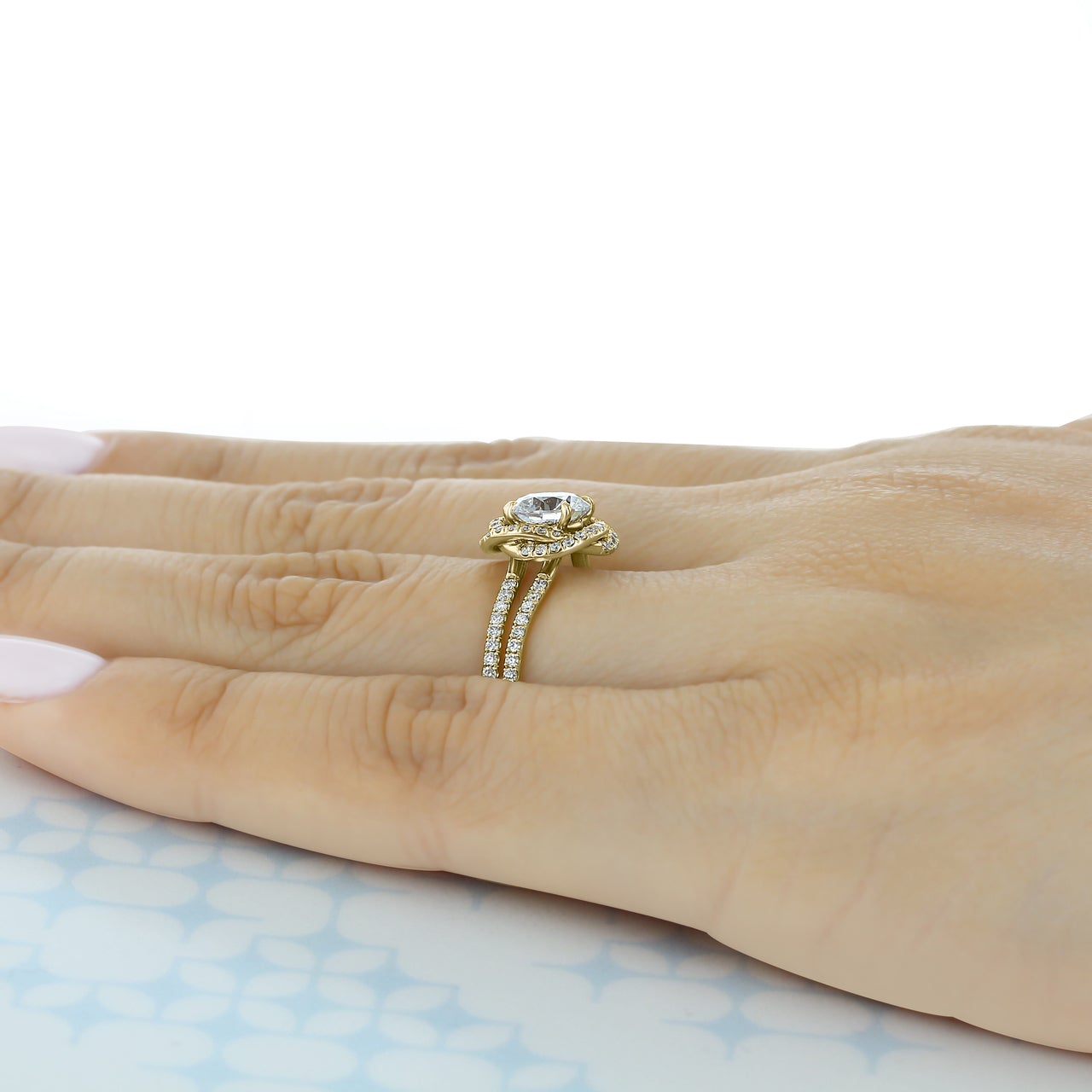 1.0ct Round Double Pave Moissanite Diamond Four Prong Engagement Ring In Solid Gold