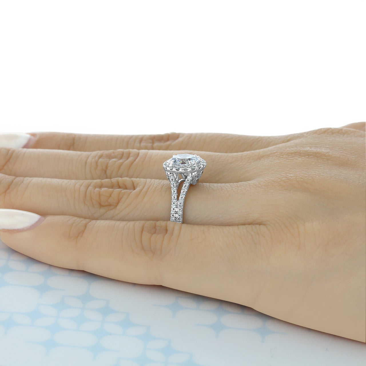 1.35ct Round Brilliant Halo Split Shank Moissanite Engagement Ring