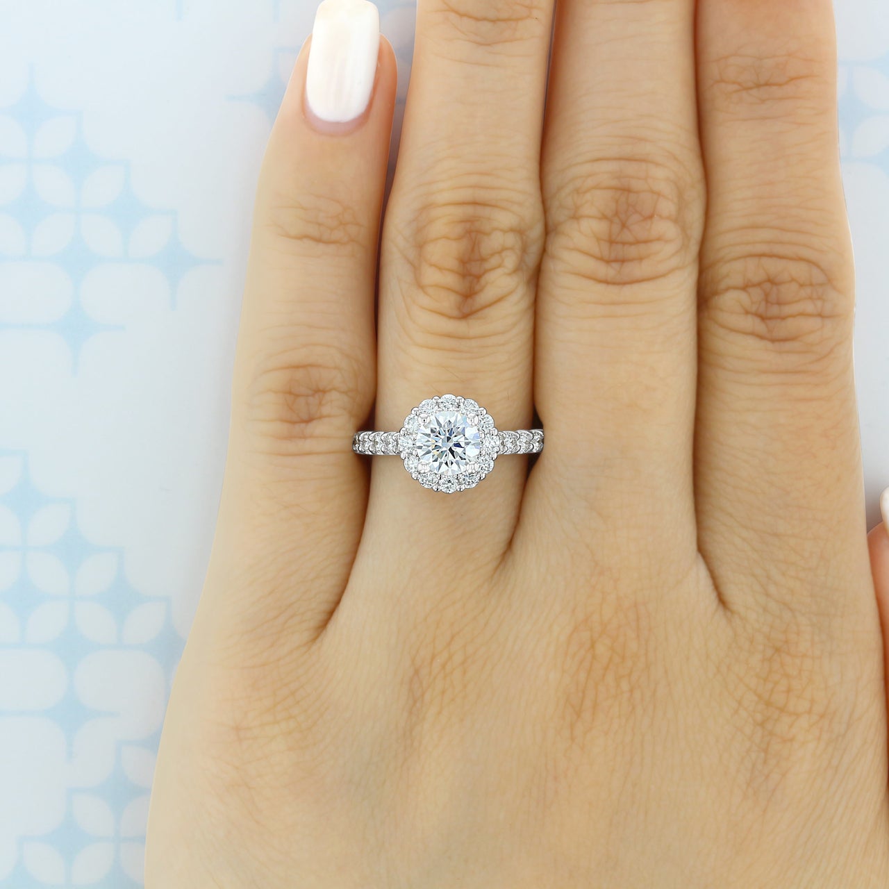 1.0ct Round Floral Halo Moissanite Diamond Pave Engagement Ring