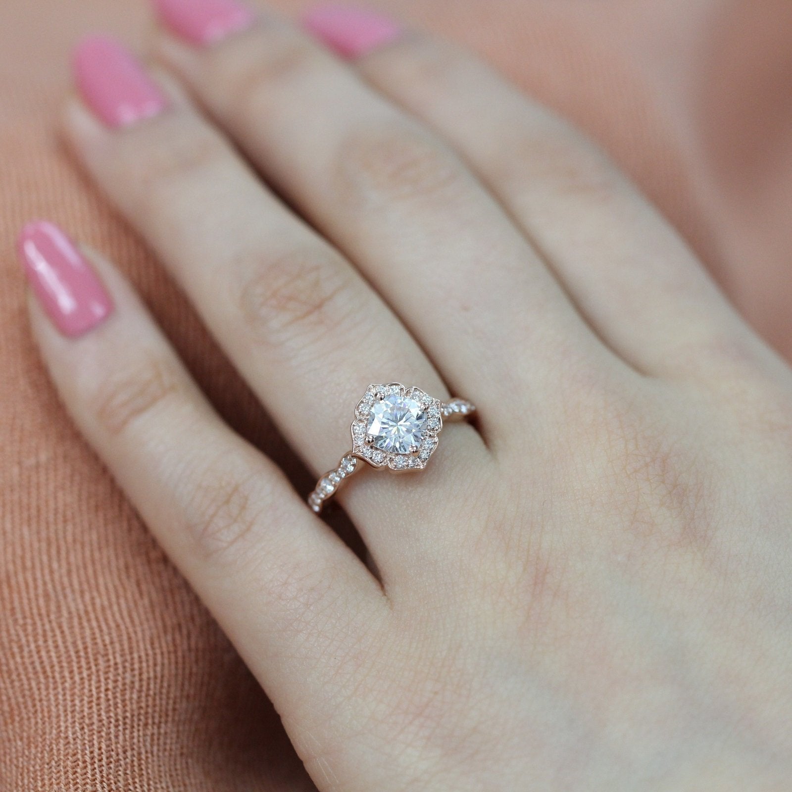 1.0CT Cushion Vintage Pave Moissanite Diamond Engagement Ring For Women