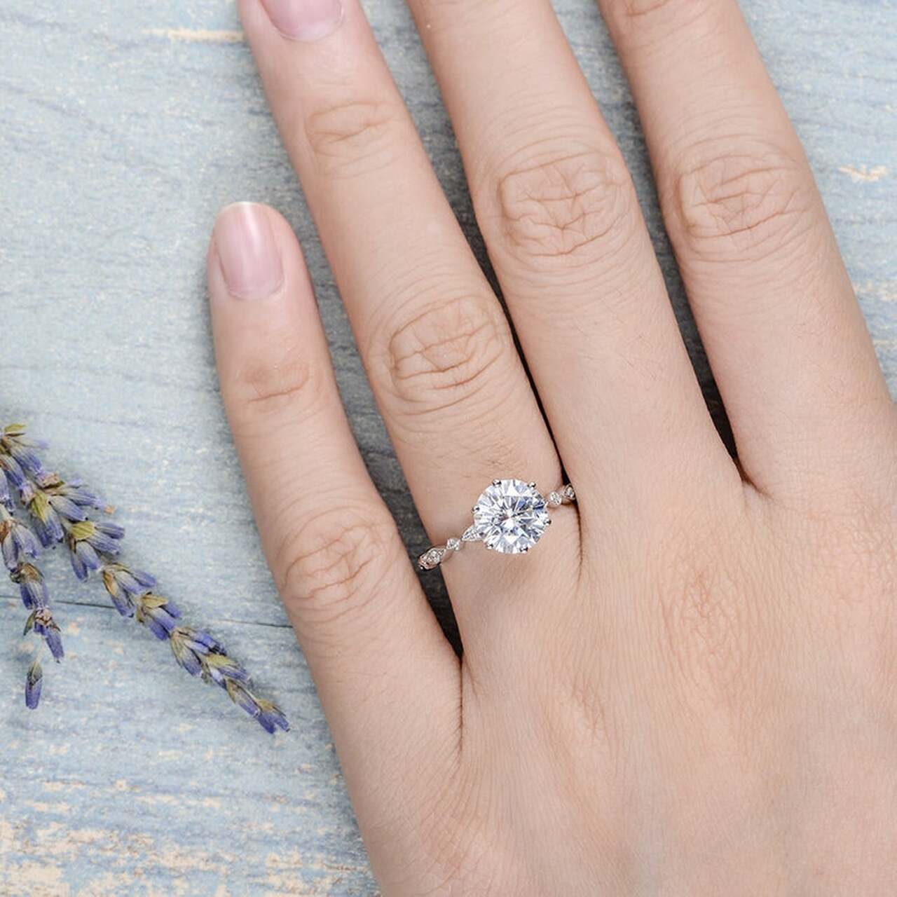 2.0CT Round Vintage Pave Moissanite Diamond Six Prong Engagement Ring for Women