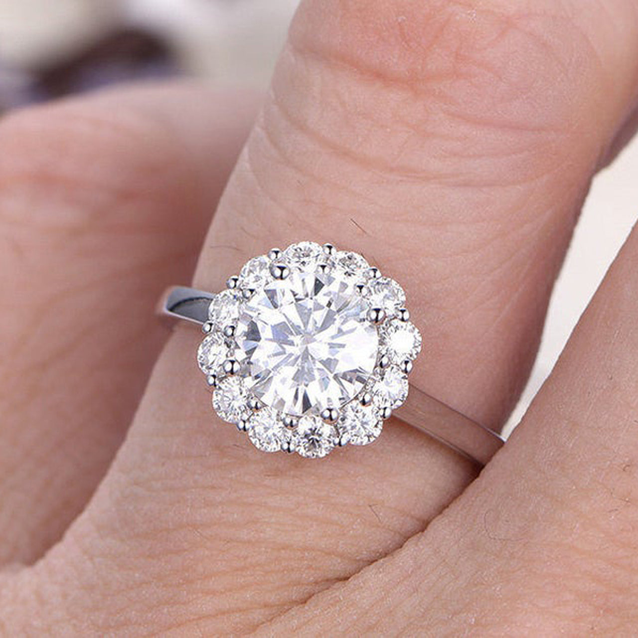 1.25CT Round Floral Halo Moissanite Diamond Engagement Ring For Women