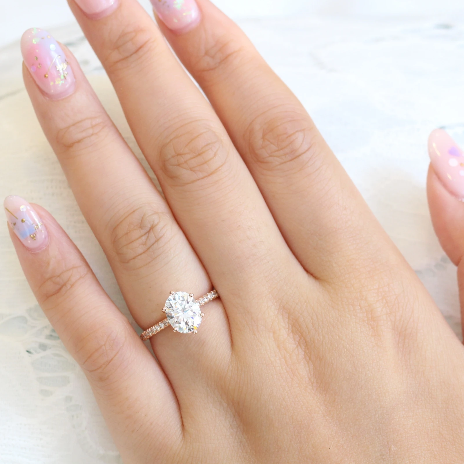 2.0CT Oval Pave Moissanite Diamond Six Prong Engagement Ring