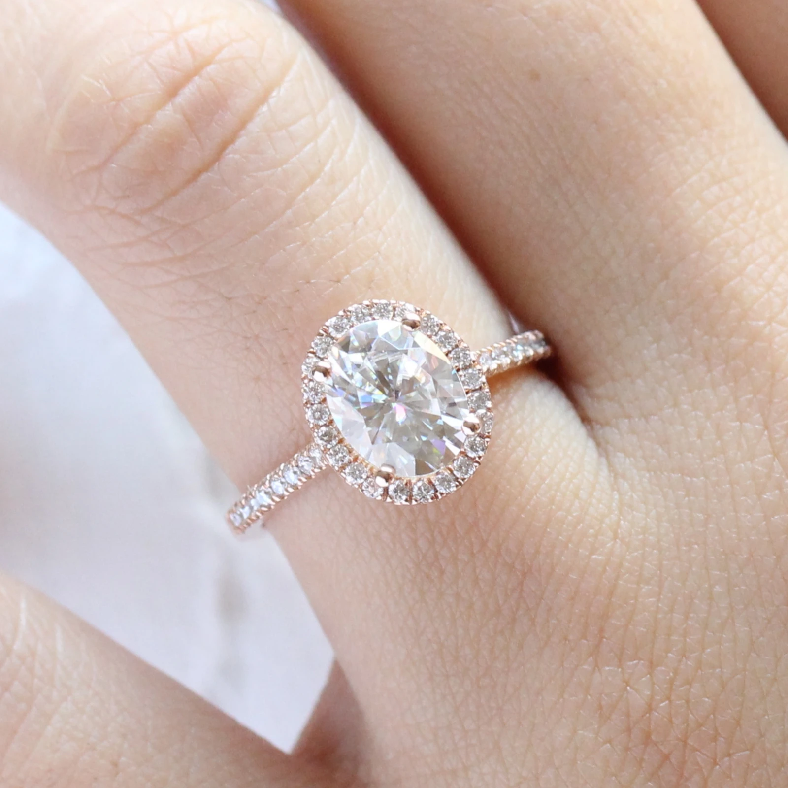 2.0CT Oval pave Moissanite Diamond Cathedral Set Halo Engagement Ring