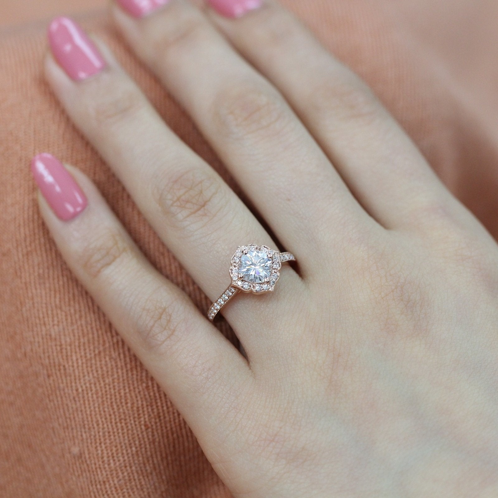1.0CT Cushion Vintage Halo Moissanite Diamond Channel Set Engagement Ring For Her