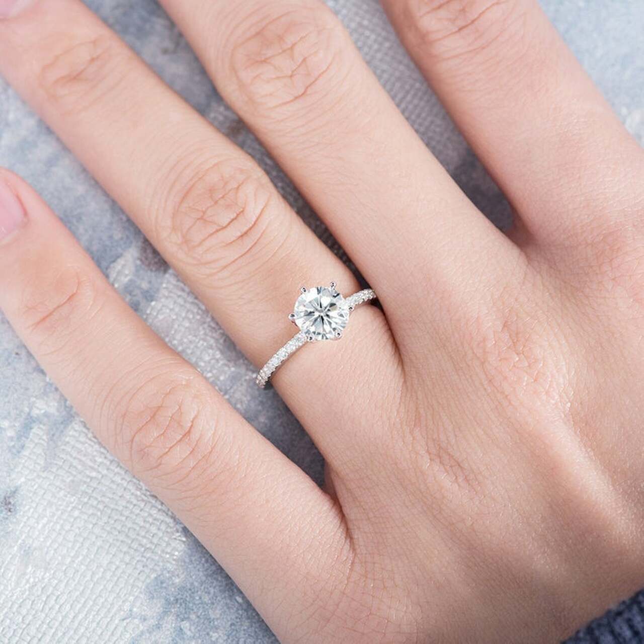 1.0CT Round Six Prong Moissanite Diamond Pave Engagement Ring