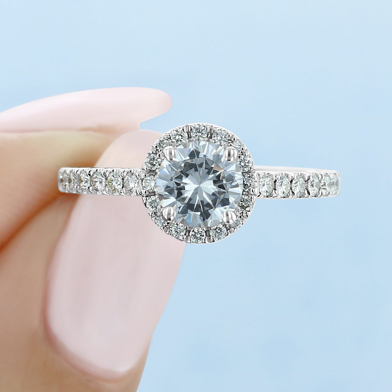 1.0ct Round Halo Moissanite Diamond Pave Engagement Ring For Her In 18K Solid Gold