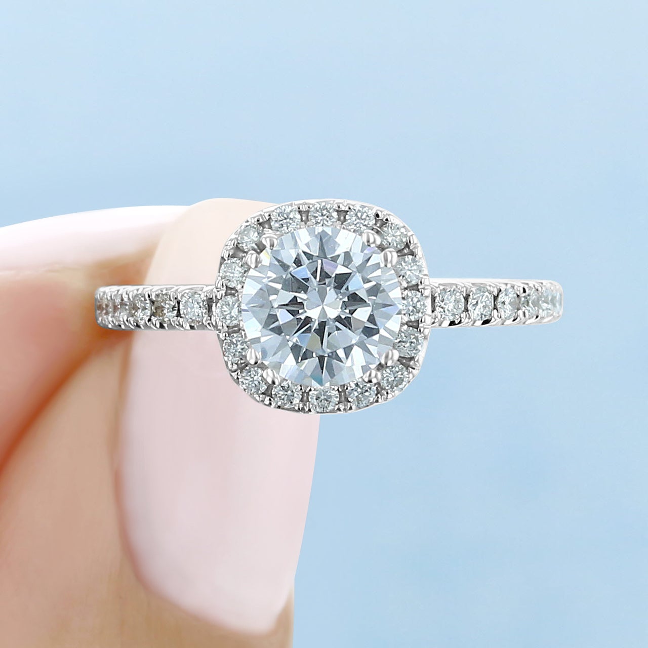 1.0ct Round Halo Moissanite Diamond Four Prong Engagement Ring