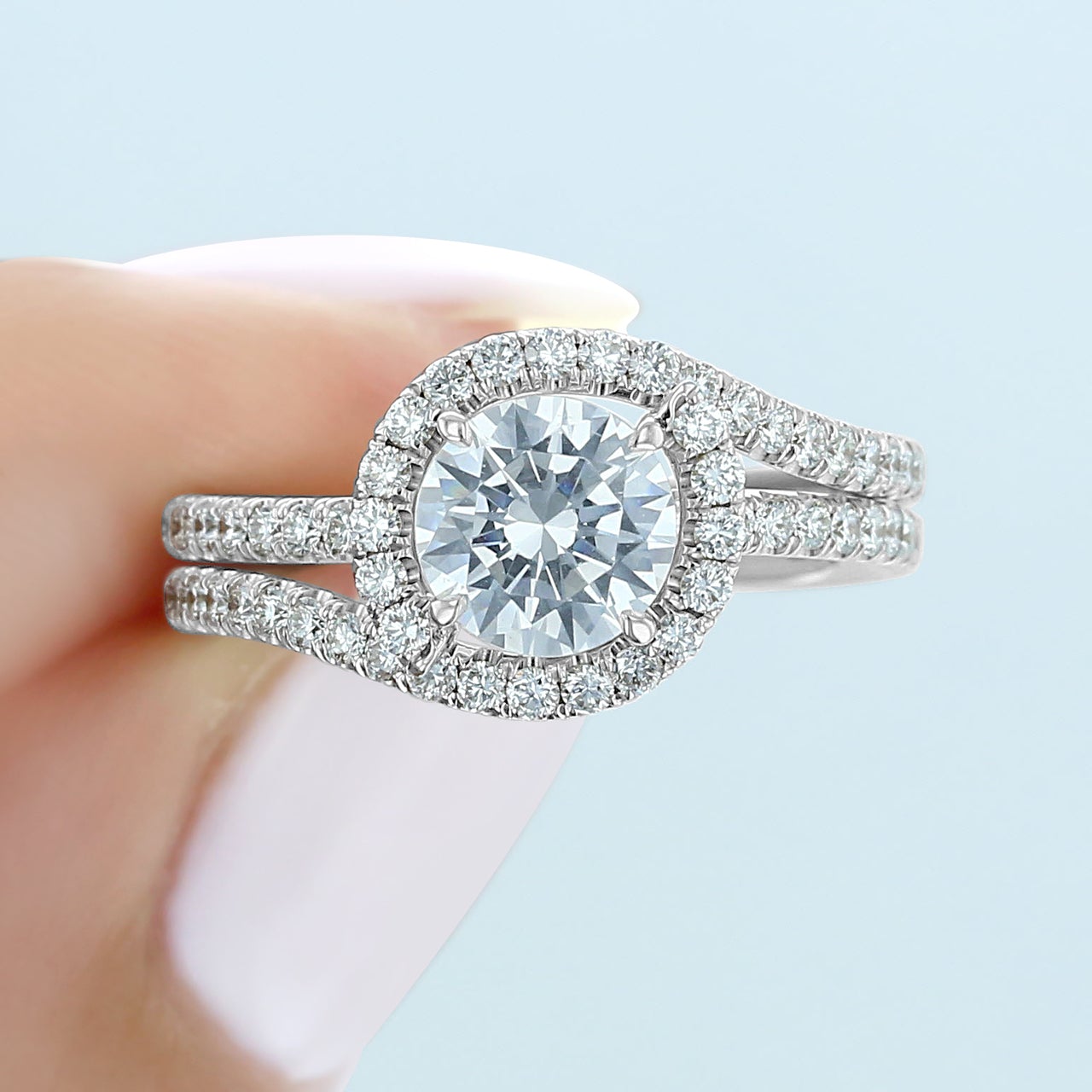 1.0CT Round Halo Moissanite Diamond Double Pave Engagement Ring