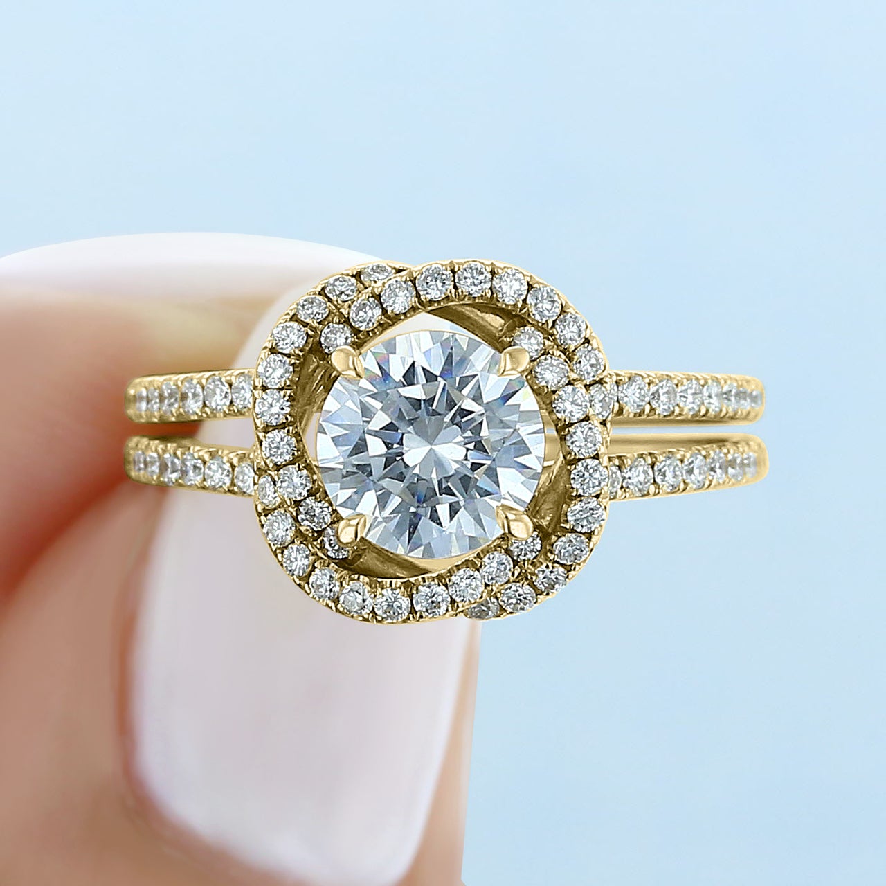 1.0ct Round Double Pave Moissanite Diamond Four Prong Engagement Ring In Solid Gold