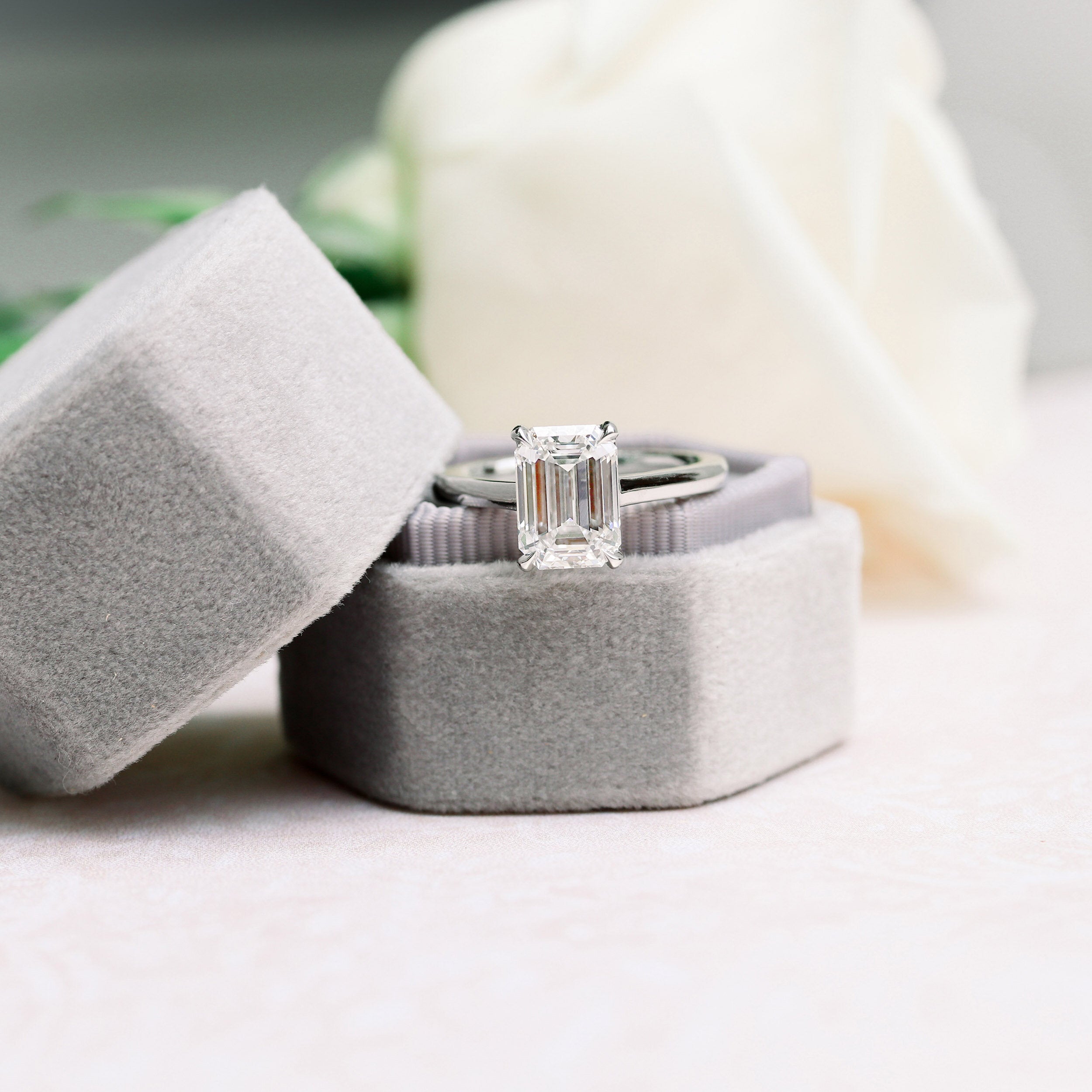 1.75ct Cathedral Set Emerald Cut Moissanite Diamond Solitaire Engagement Ring