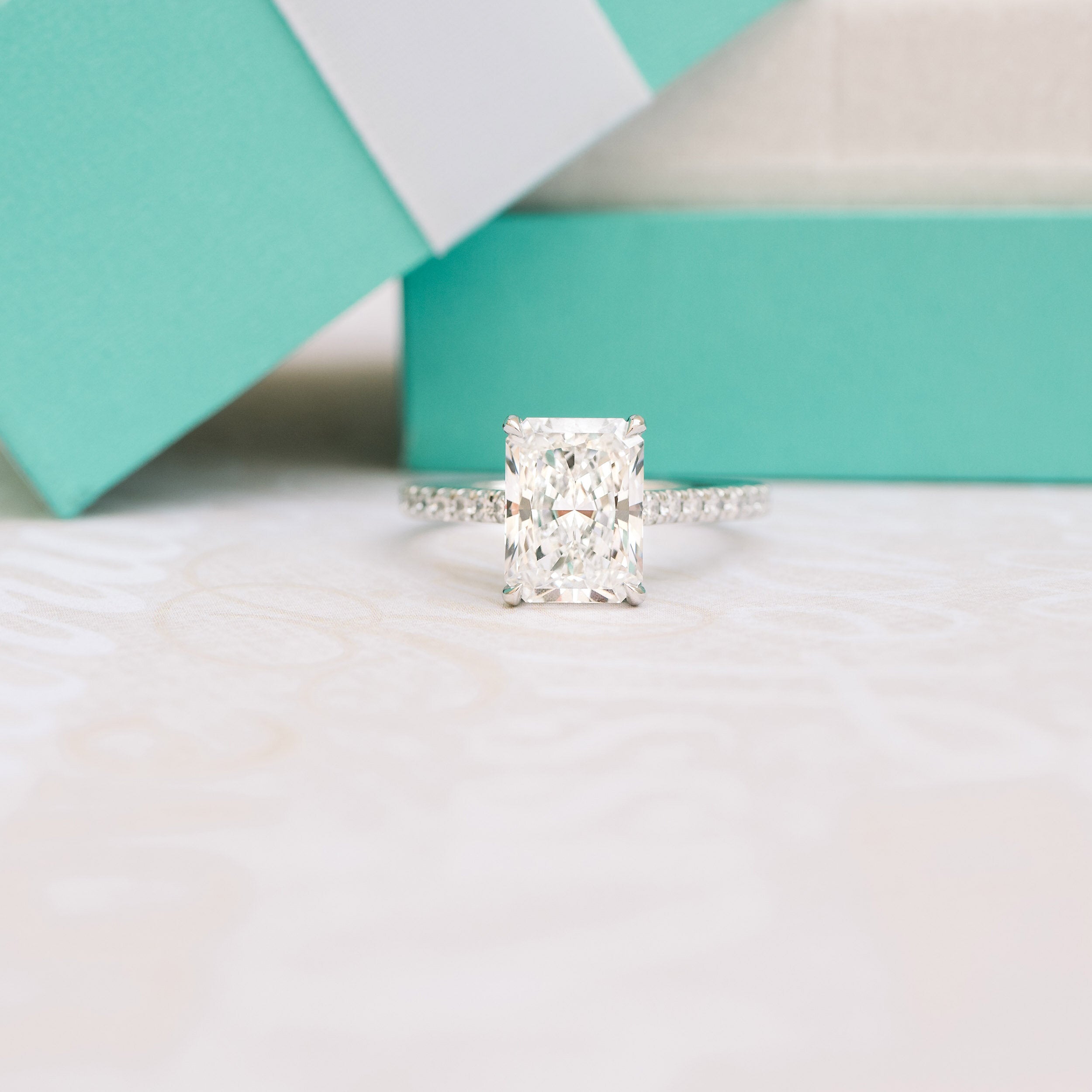 2.0CT Cathedral Set Radiant Moissanite Diamond Pave Engagement Ring In 14K White Gold