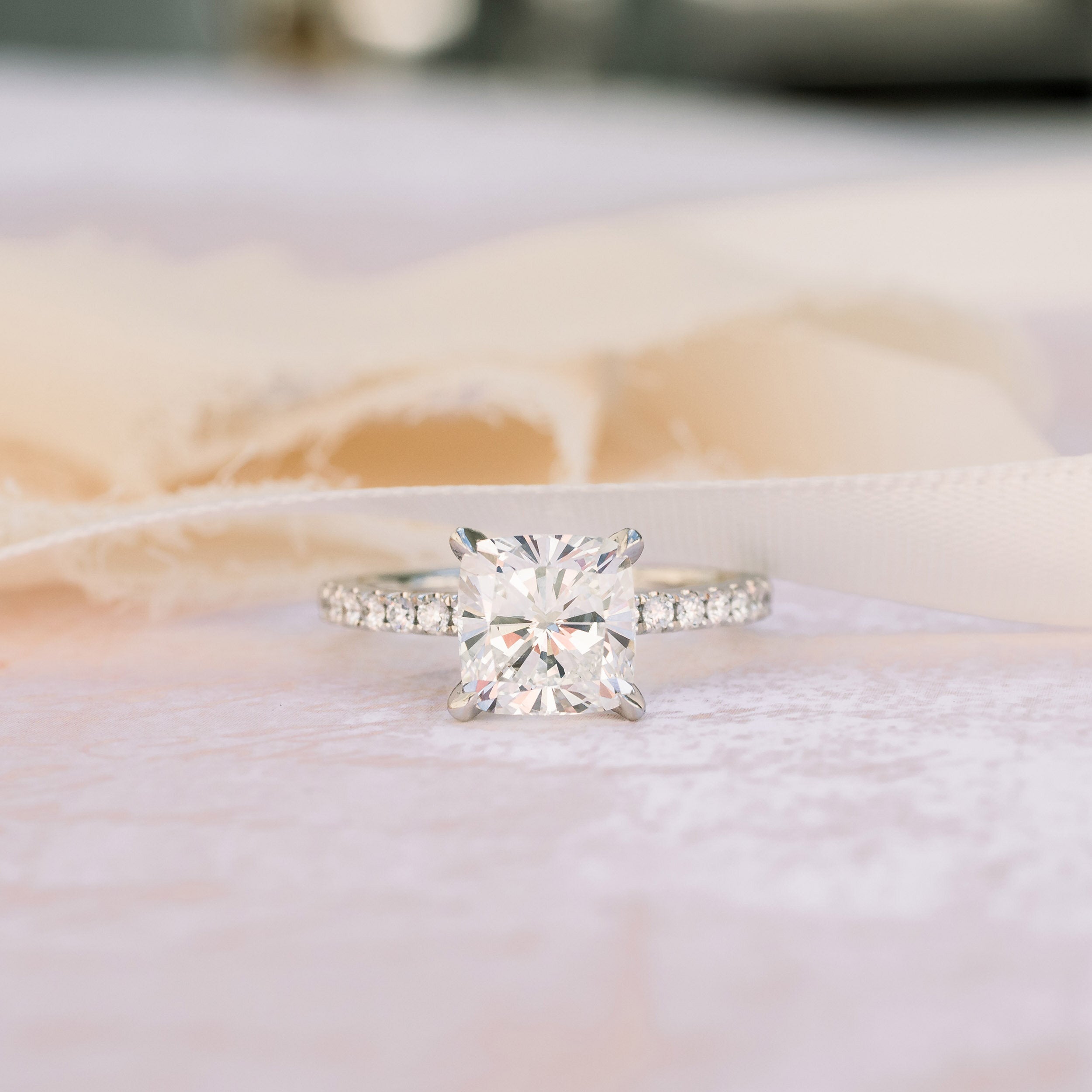 1.75CT Cushion Pave Moissanite Diamond Four Prong Engagement Ring