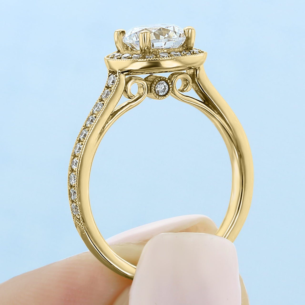 1.0CT Round Halo Moissanite Diamond Pave Engagement Ring In 18K Yellow Gold
