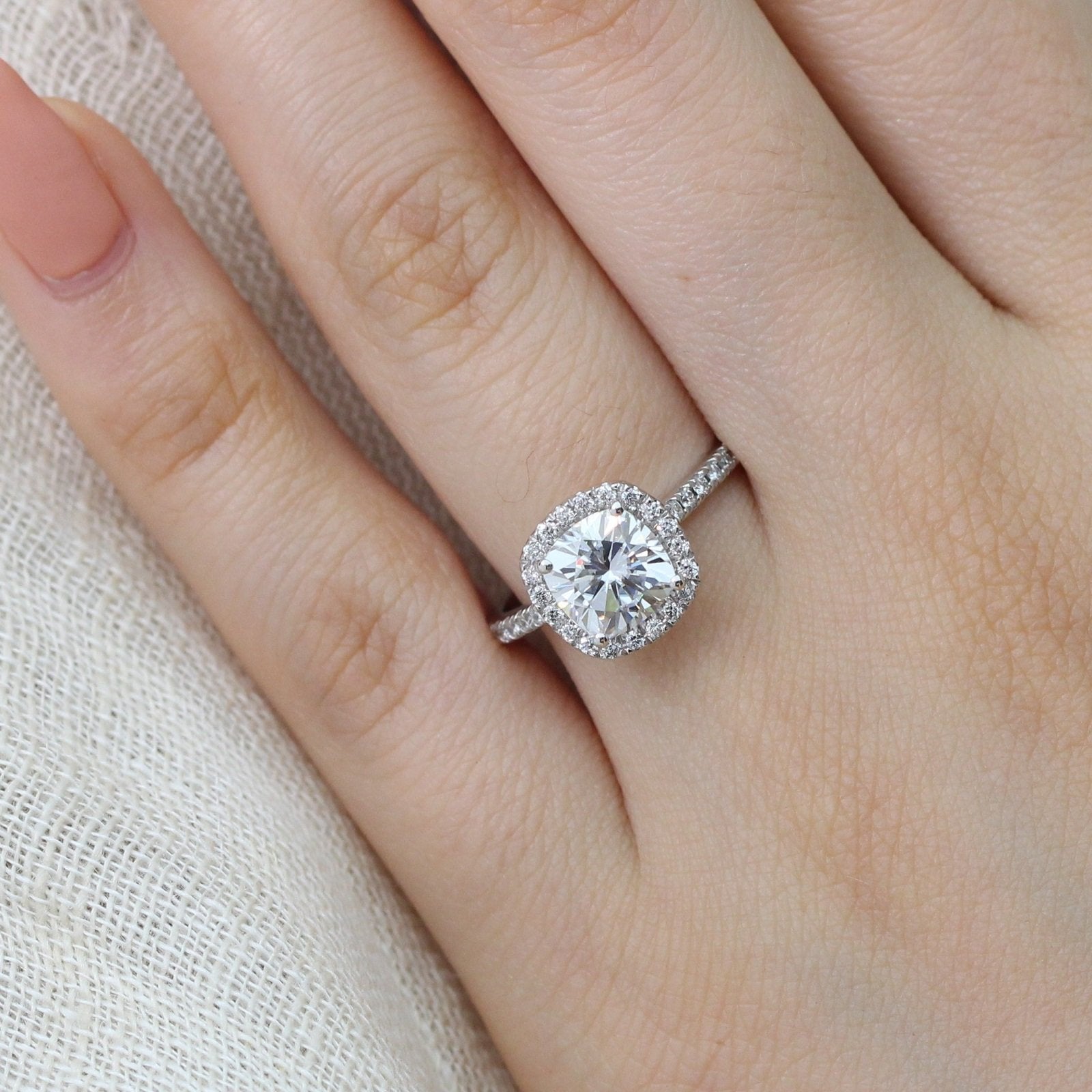 1.65CT Cathedral Set Cushion Halo Moissanite Diamond Engagement Ring