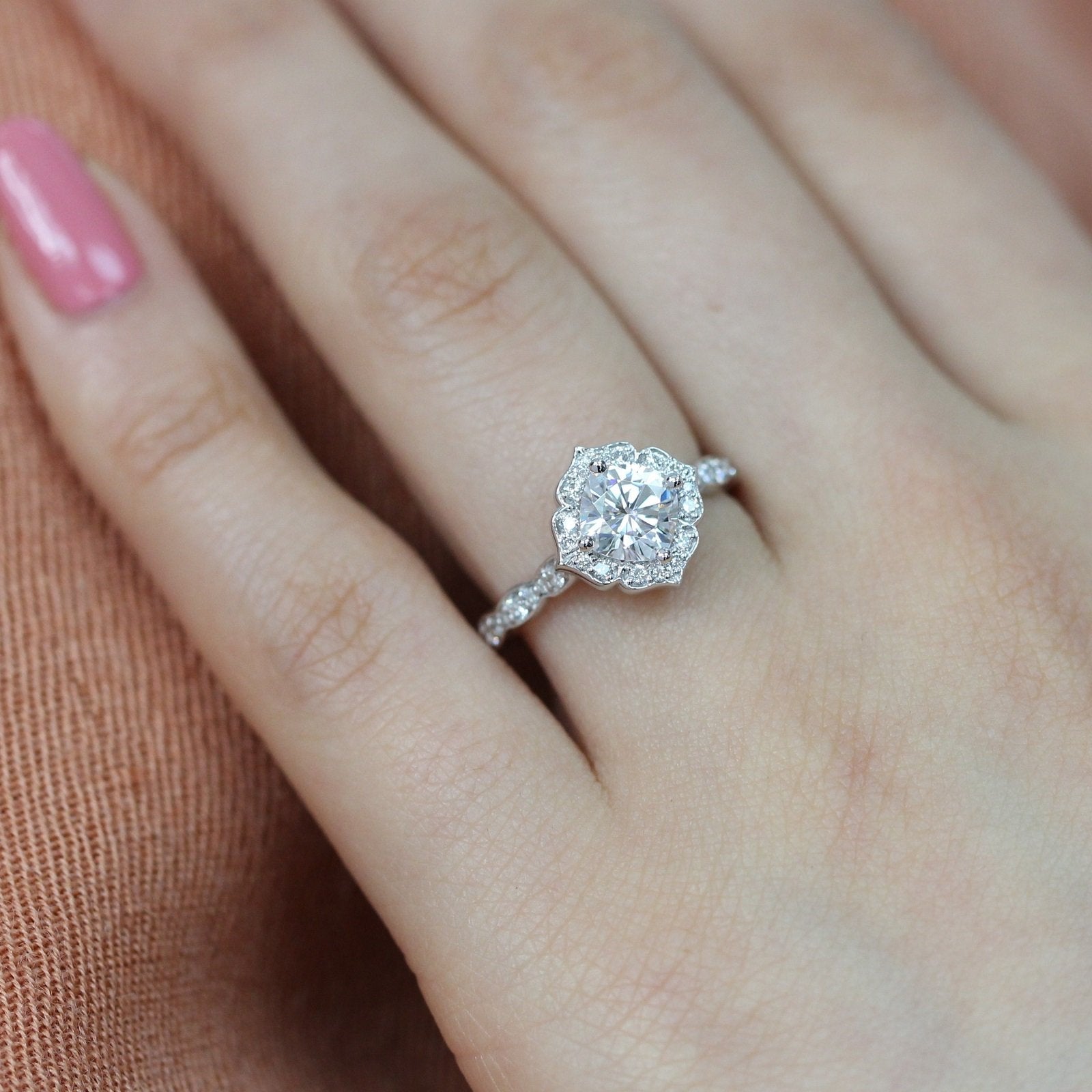 1.0CT Cushion Vintage Pave Moissanite Diamond Engagement Ring For Women