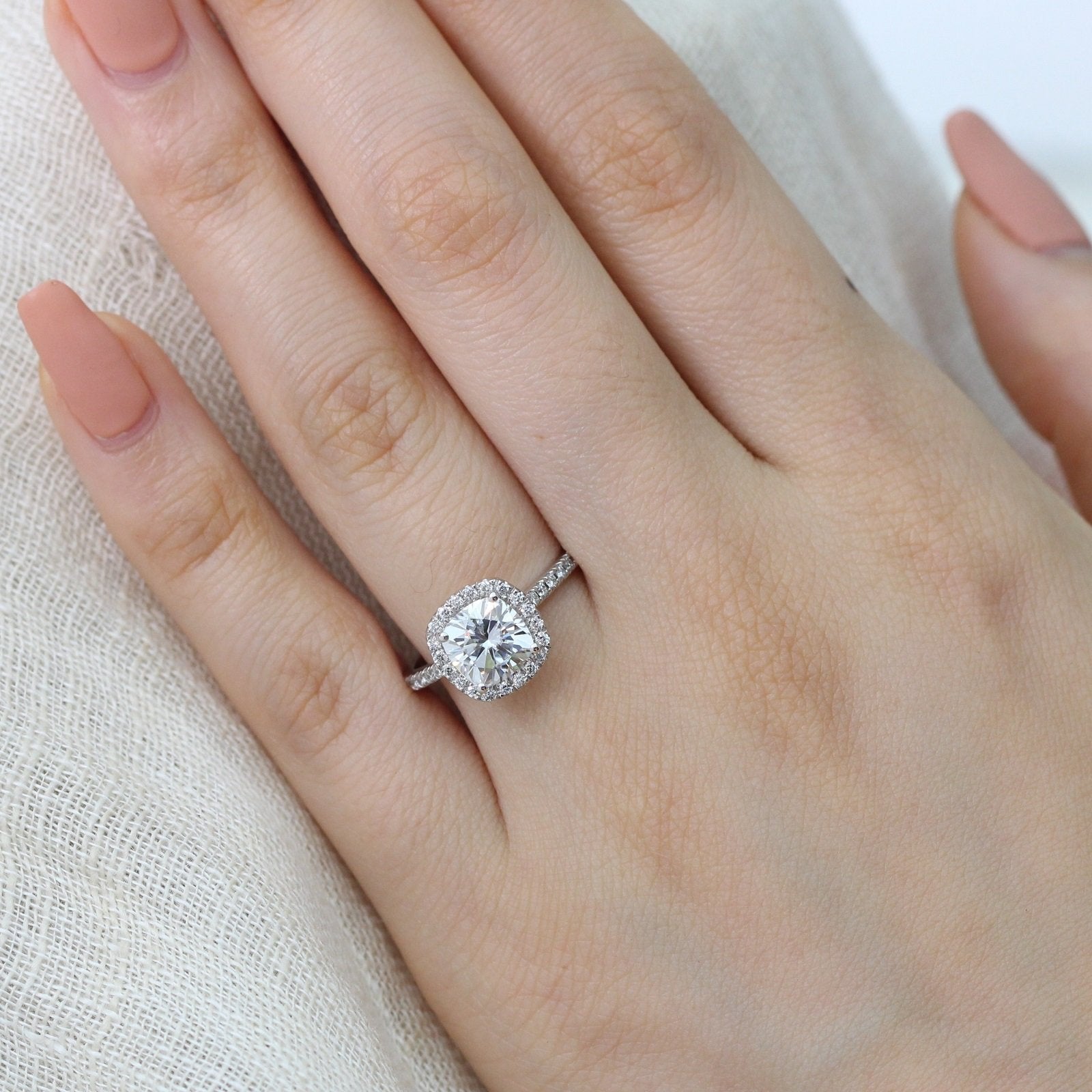 1.65CT Cathedral Set Cushion Halo Moissanite Diamond Engagement Ring