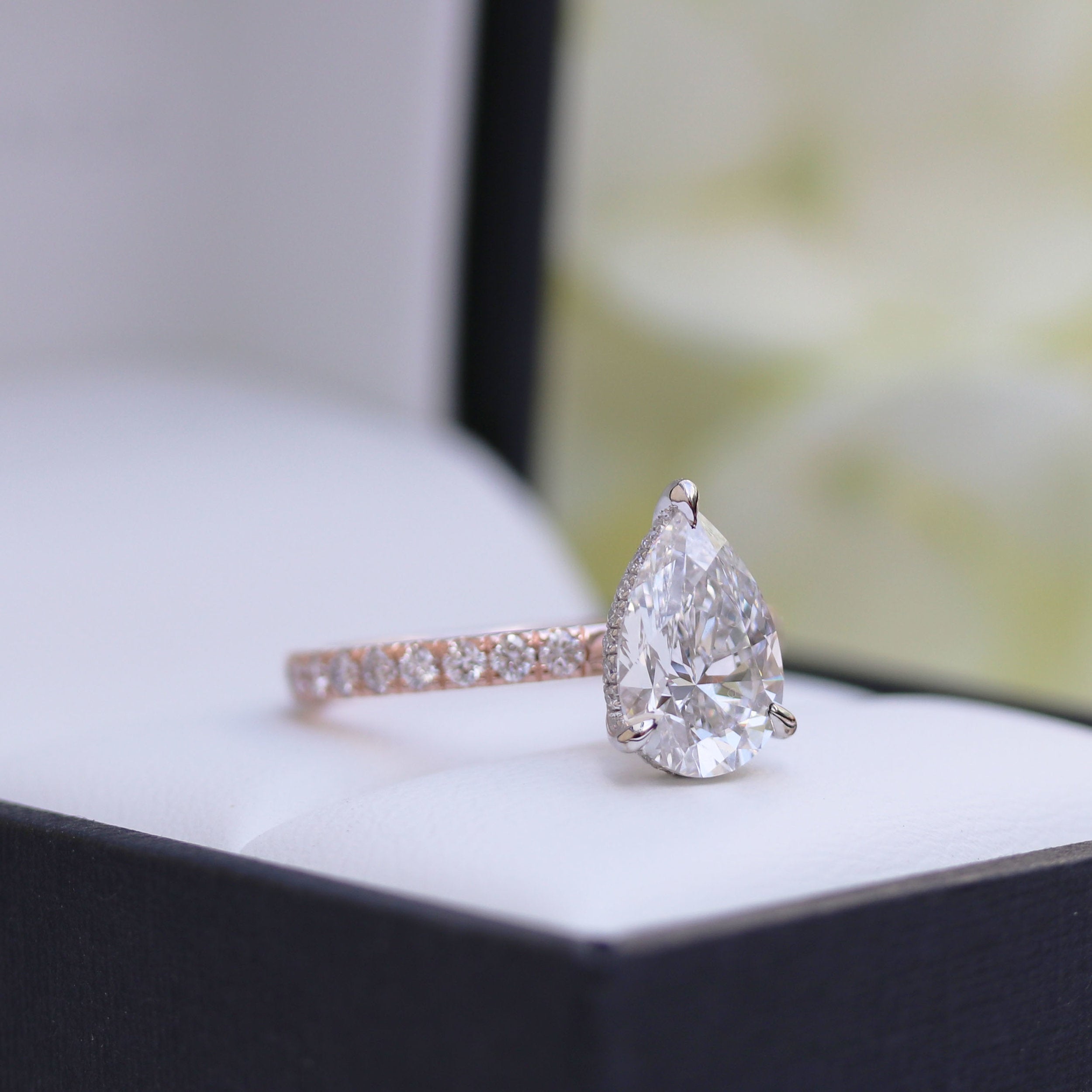 2.25CT Pear Hidden Halo Moissanite Diamond Pave Engagement Ring