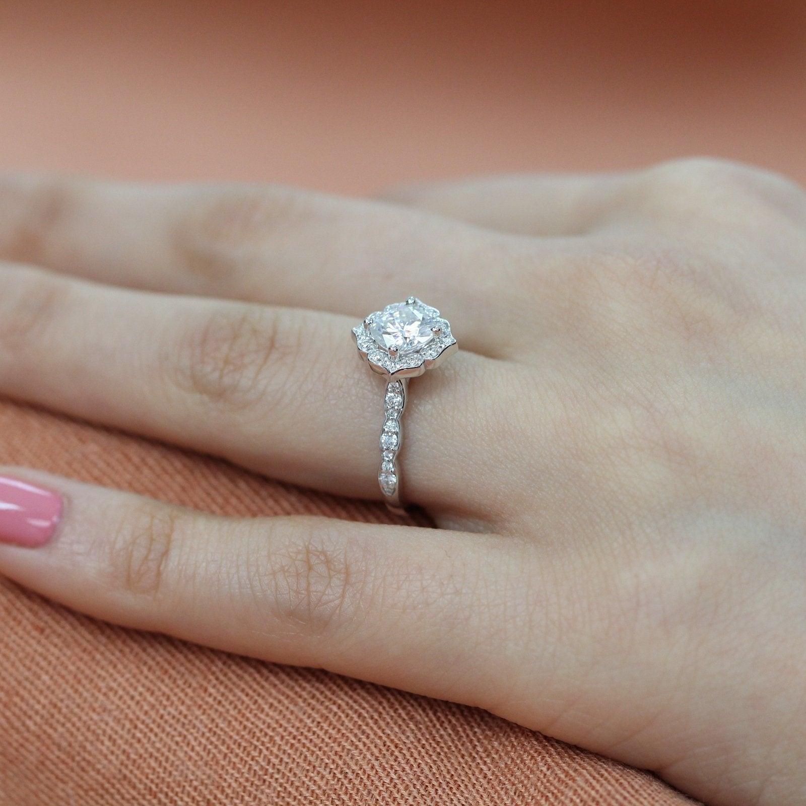 1.0CT Cushion Vintage Pave Moissanite Diamond Engagement Ring For Women