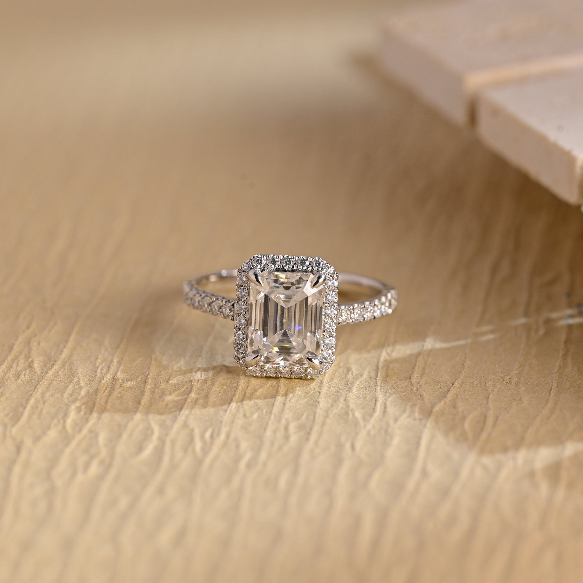 Buy Emerald Cut Halo Diamond Moissanite Ring