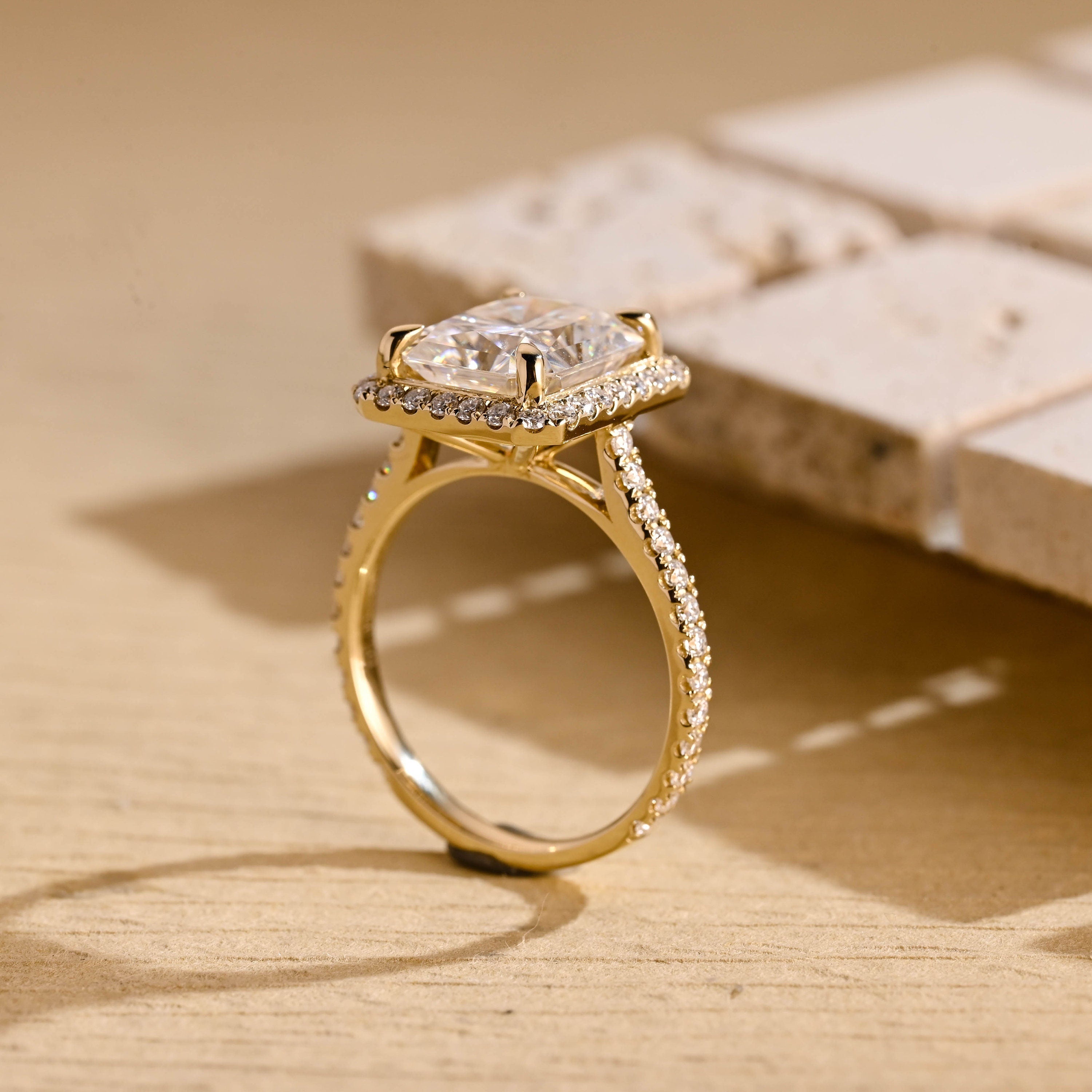 radiant cut engagement ring halo style moissanite