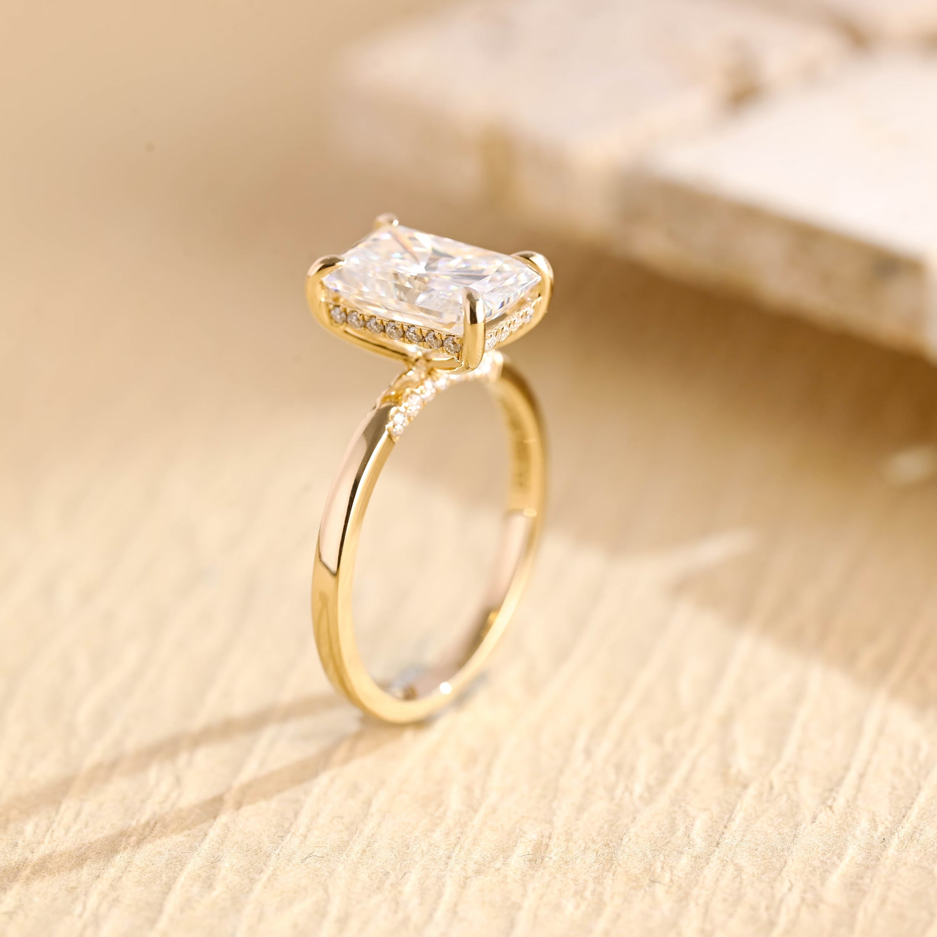 high sparkle radiant cut hidden halo moissanite ring